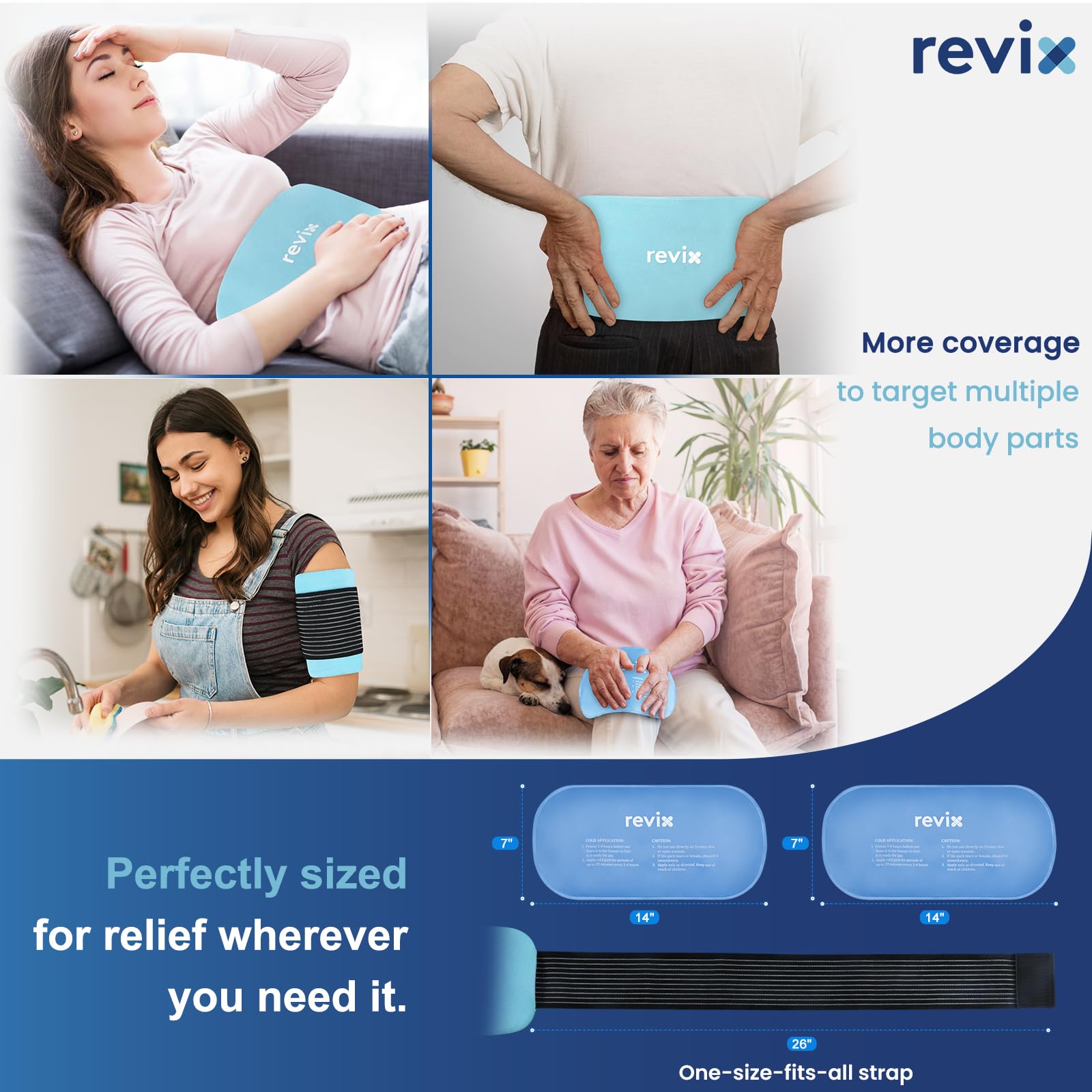 REVIX Paquetes de Gel Reutilizables, 2 Paquetes Compresa Fría Flexible con Correa para Espalda, Hombro, Cadera, Muslo, Paquete de Hielo Extra Grande para Recuperación y Alivio Refrescante Diario