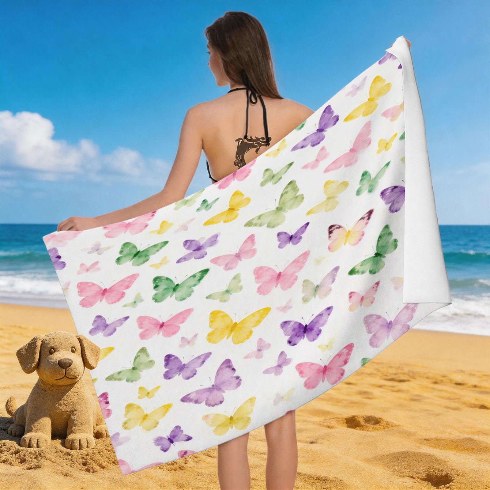 Leichong 3D Watercolor Butterfly Beach Towel Microfiber Soft Quick Dry for Adults, Cartoon Bath Towel Lightweight Soft Absorbent for Travel Swimming Pool Sports, 75 x 150 cm