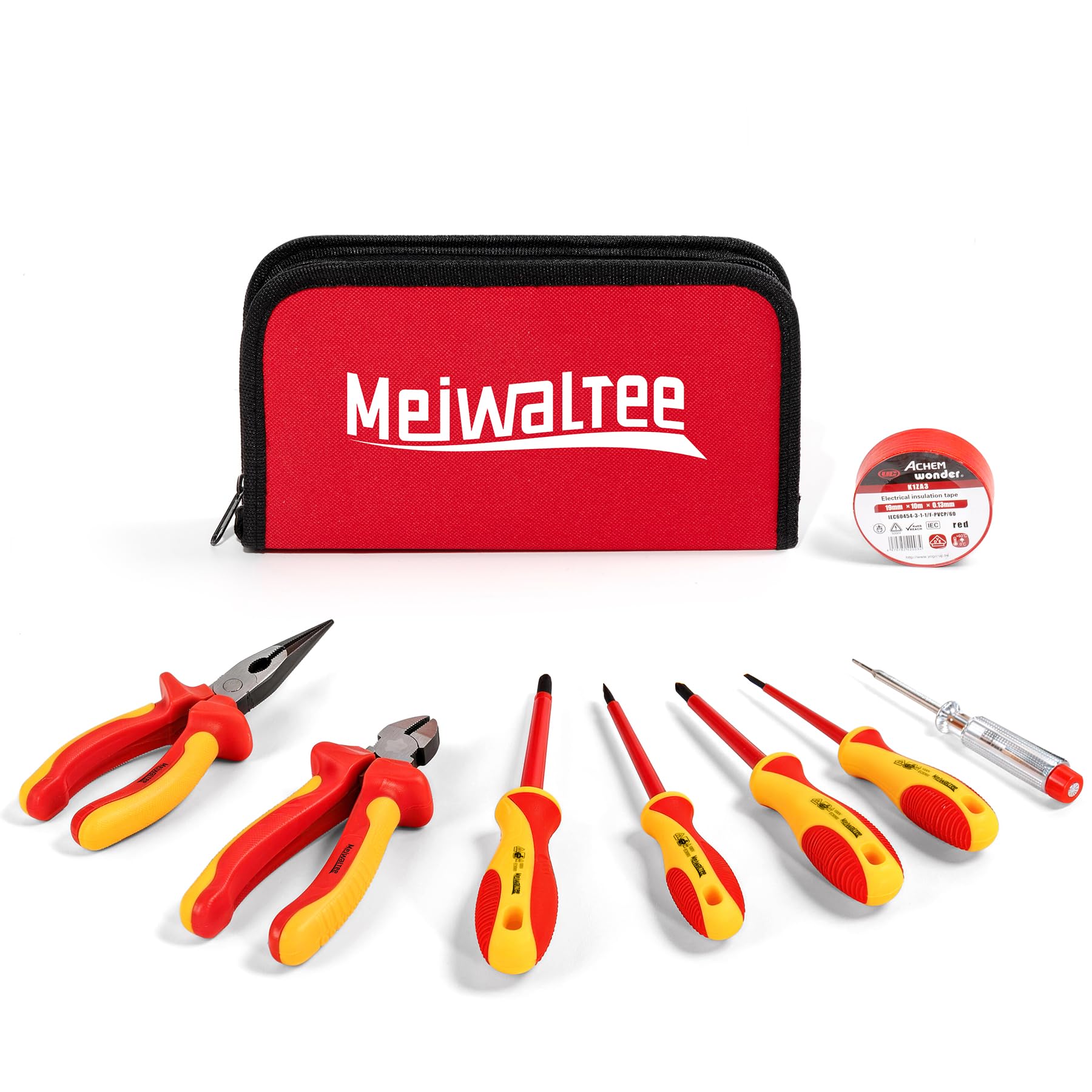 Meiwaltee 8 Pezzi VDE Isolati Set di Cacciaviti, Set di Strumenti Professionale per Elettricisti Isolato 1000V Con Estremità Phillips e Piatte Magnetiche, Pinze Isolate e Tronchesi Diagonali.