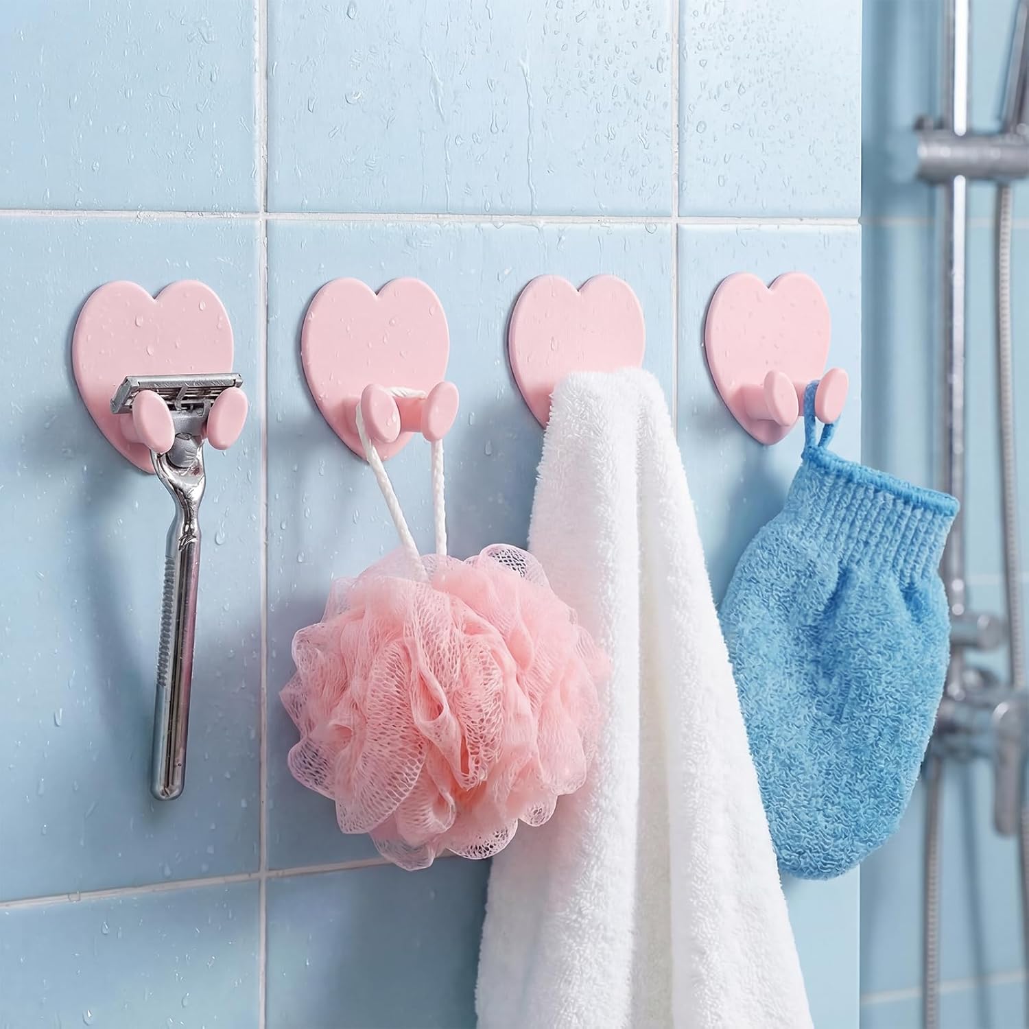 4 Pcs Heart Adhesive Hooks, Small Decorative Command Hooks, Damage-Free Wall Hooks for Hanging Razor, Jewelry, Keys, Cables, Dorm Decor & Kitchen Organization(Pink)