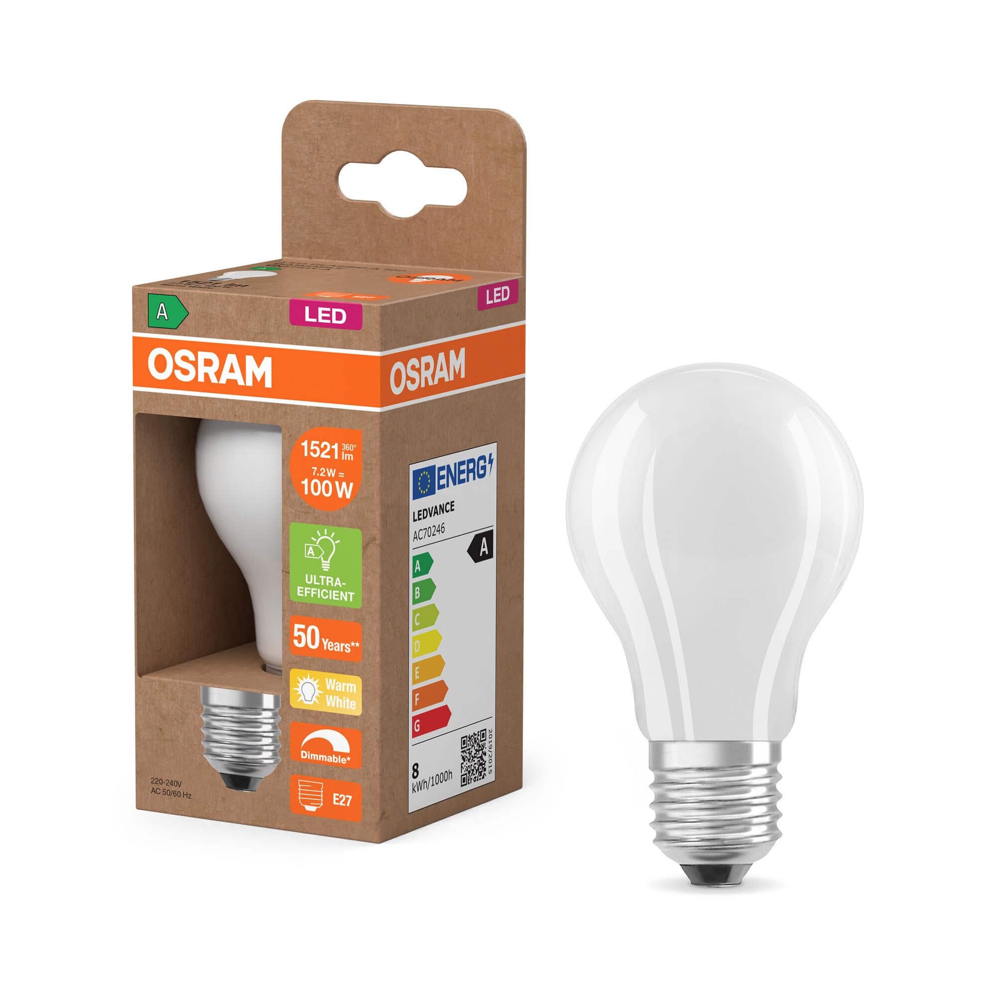 Osram LED CLASSIC A ENERGY EFFICIENCY A DIM in A-Form, LED-Lampe, Glas, Matt, 7,2 W, 1521 lm, 2700 K, Dimmbar, Energieeffizienzklasse: A, CRI 80
