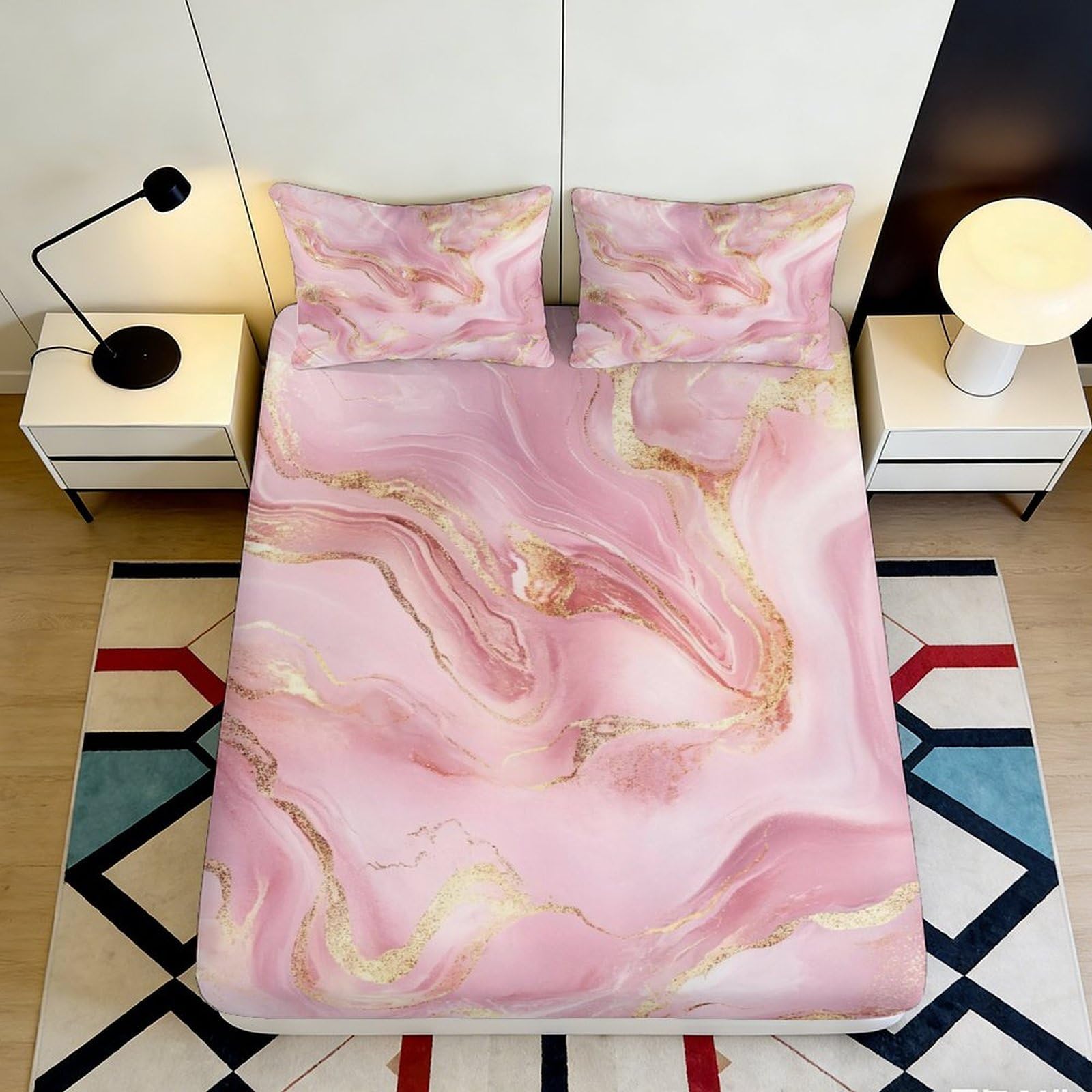 3D Printed Pink Marble Fitted Sheet Microfiber Deep Pocket Bedroom Bedding Wrap Pink Marble Mattress Fitted Cover Non-Slip for Adults Washable 180x200x25cm