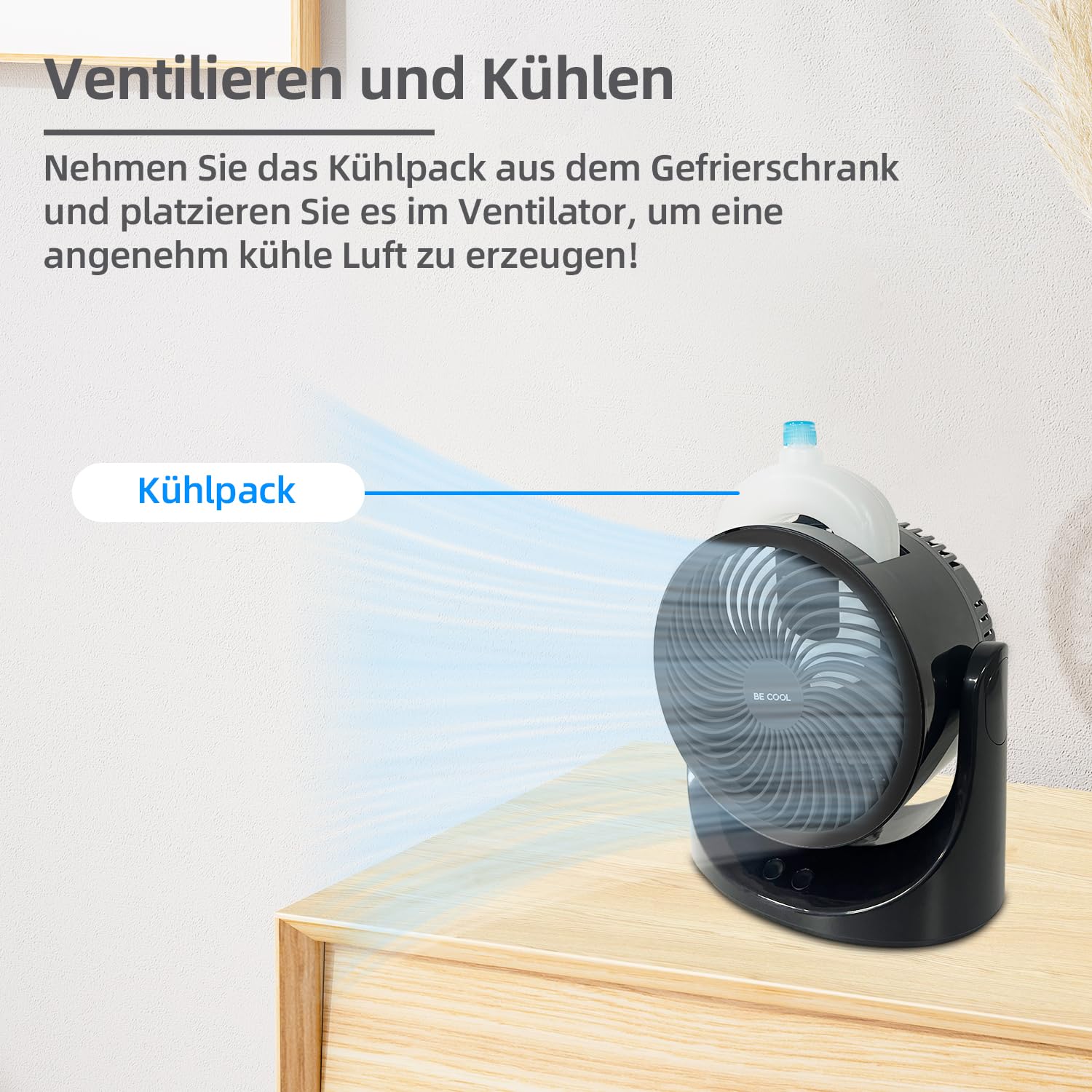 Be Cool USB-Windmaschine 15cm mit Kühlakku – Ø 6" / 15 cm, Kupfermotor, 10 Watt, Kühlakku im Lieferumfang, 7-farbige LED-Beleuchtung, USB Typ-C, schwarz