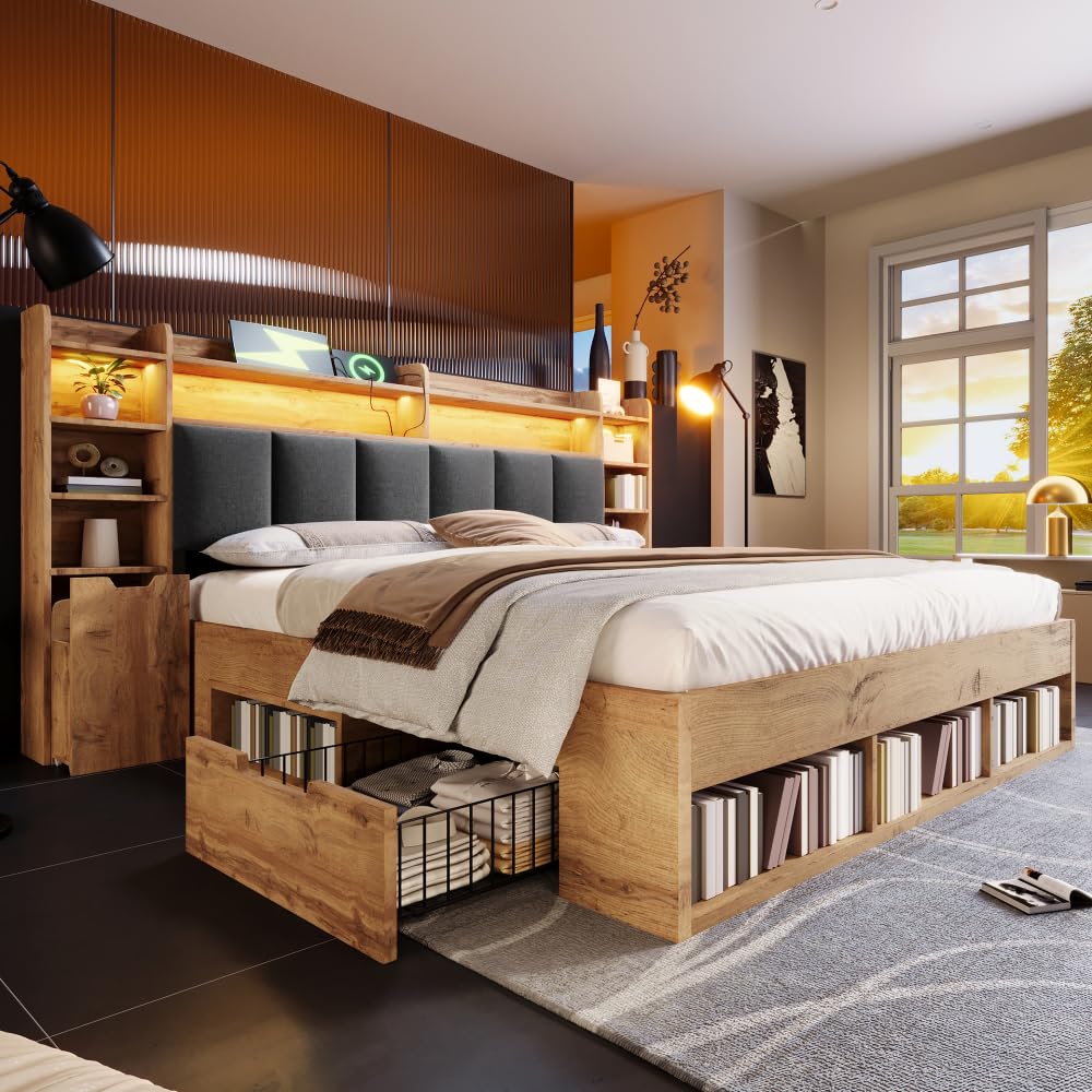 Cama de 180 x 200 cm con cajones, iluminación LED, puertos USB y Type-C, cama de 180 x 200 cm con somier de láminas de madera, estructura de cama de matrimonio con almacenamiento, roble, cabecero
