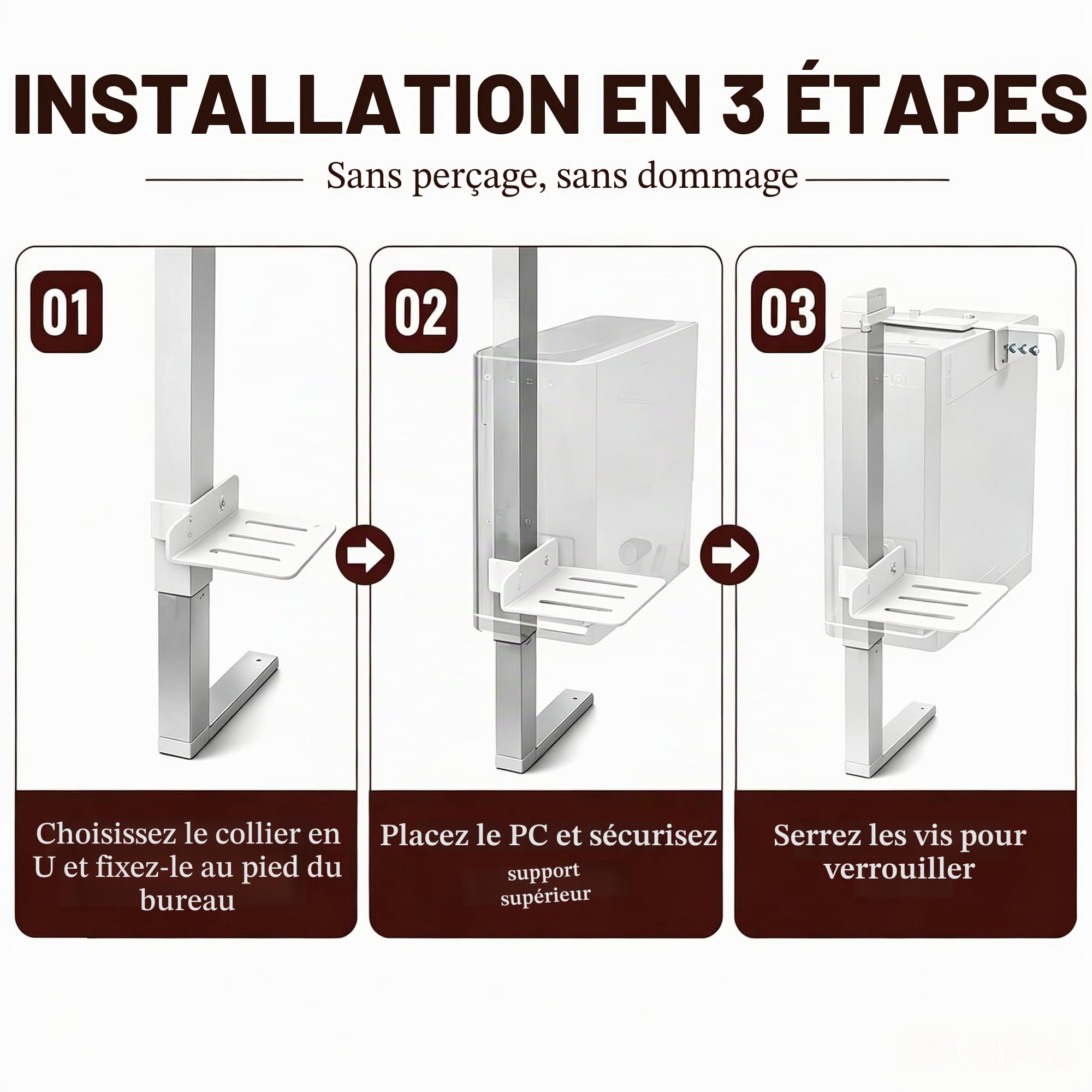 Mihawk Support PC réglable sous le bureau Sans perçage Support CPU pour bureaux réglables en hauteur Charge max 18 kg (40 lbs) Pour pieds de bureau 50 × 80 mm (blanc)