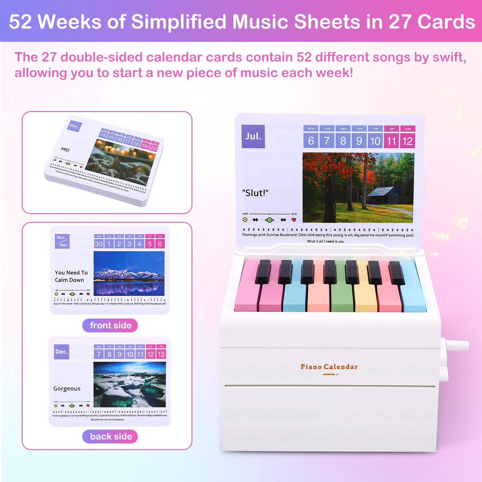 Gugxiom Calendario da tavolo 2026, pianoforte giocabile, 2026, con 52 settimane, fogli da 27 carte, mini calendario 3D con musica per Natale, regalo di compleanno (bianco)