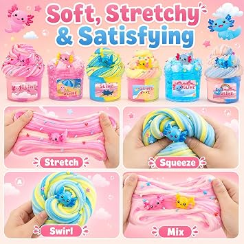 6 Pack Axolotl Slime Kit, Cloud, Butter & Clear Slime Party favors for kids with Axolotl Charms, Soft and Stretchy, Slime for Girls & Boys, Classroom Rewards, Birthday Gifts