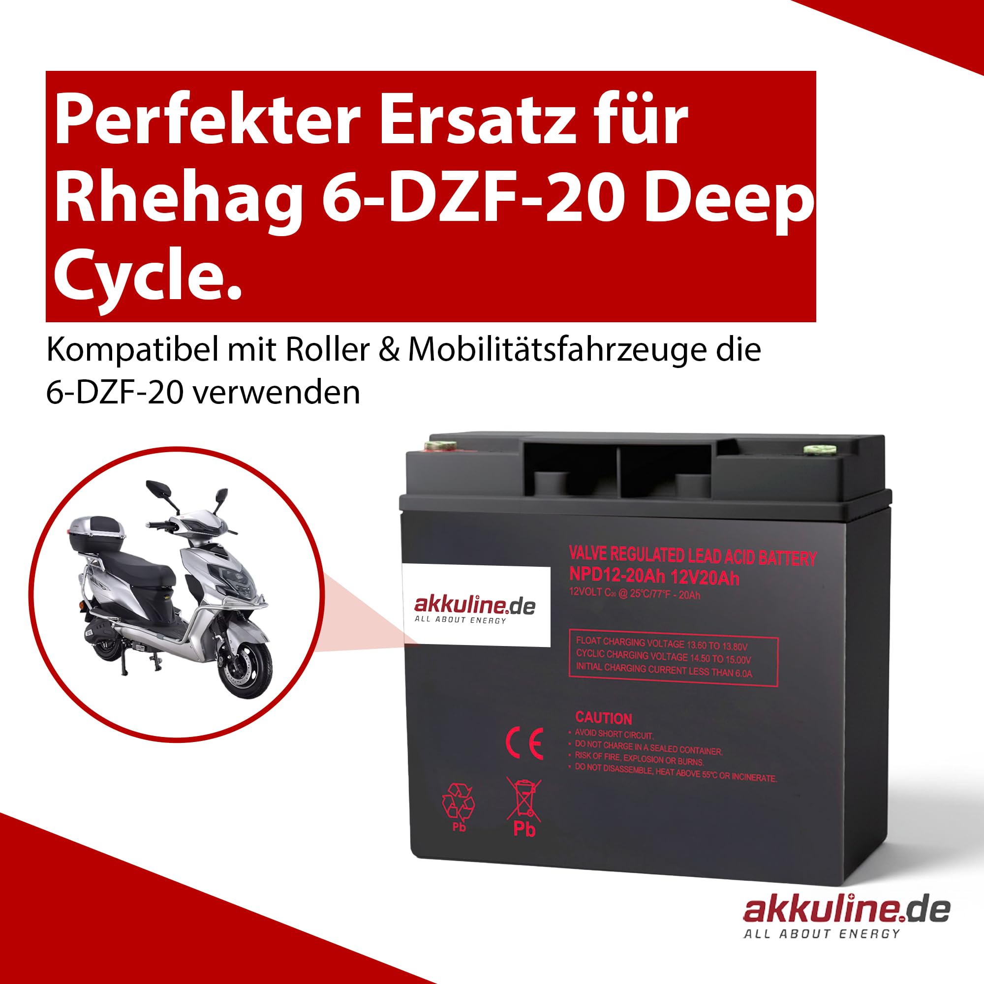 12V 20Ah Blei-Gel Akku - Kompatibel mit RHEHAG 6-DZF-20- Elektro Scooter Batterie - wartungsfrei, E-Scooter mit Straßenzulassung, Elektro Roller Erwachsene, bis 150kg Tragkraft