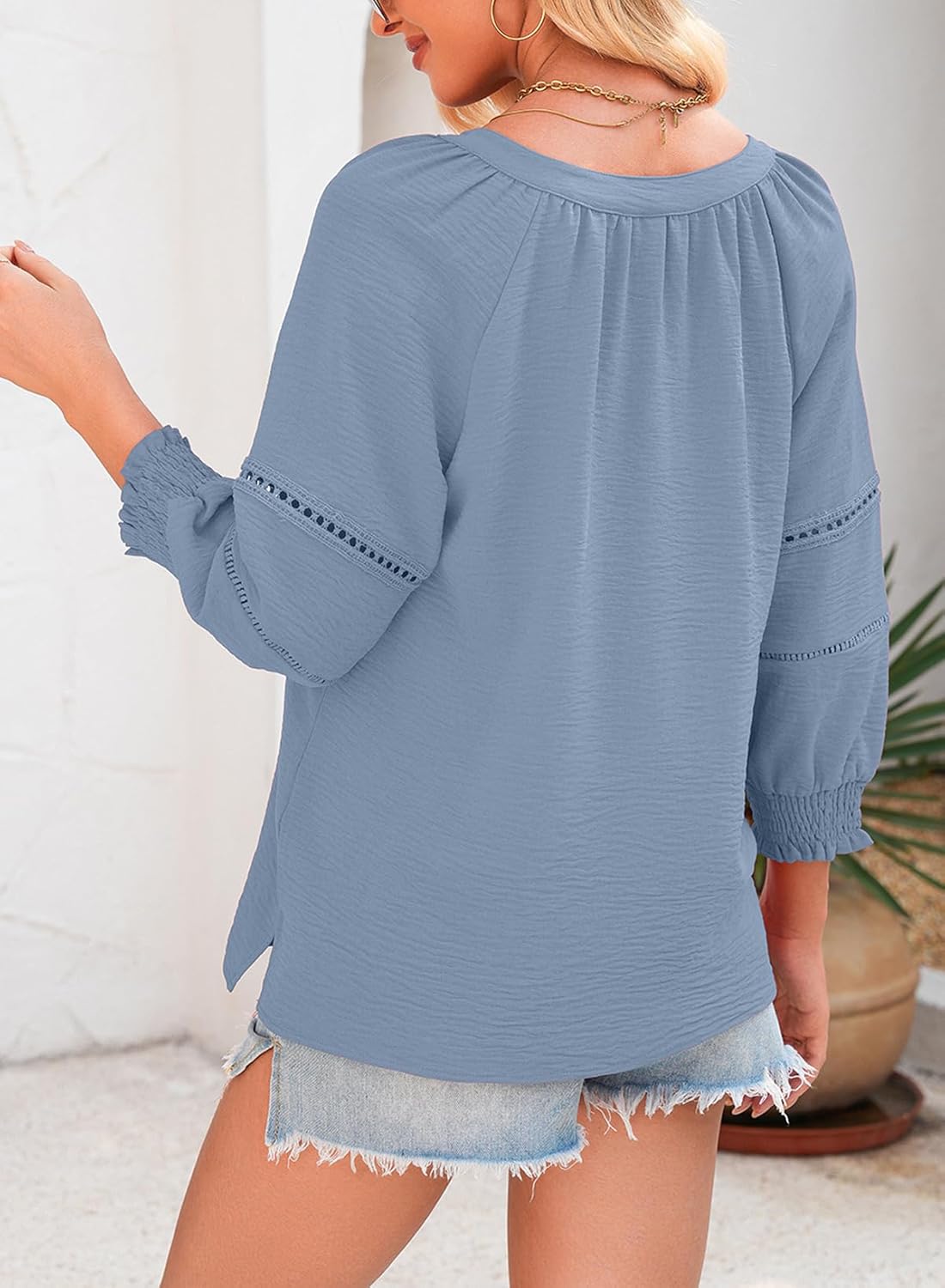 Dokotoo Womens 3/4 Sleeve Tops Pleated Business Casual Outifits V Neck Blouses Office Loose Shirts - Image 2