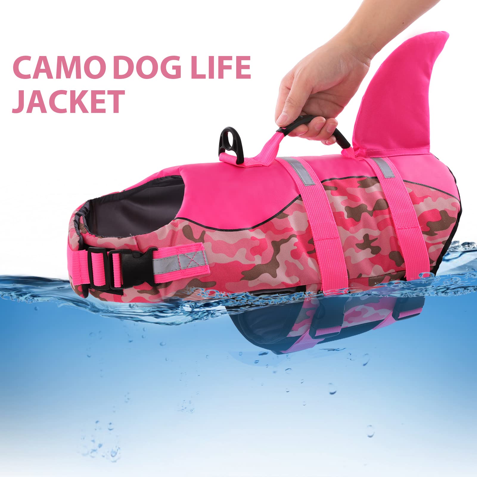 CITÉTOILE Salvagente per Cane, Giubbotto Salvagente per Cani, Ripstop Regolabile Squalo Giubbotto di salvataggio, Leggero e Sicuro per Gli Sport Acquatici, Rosa mimetico, M