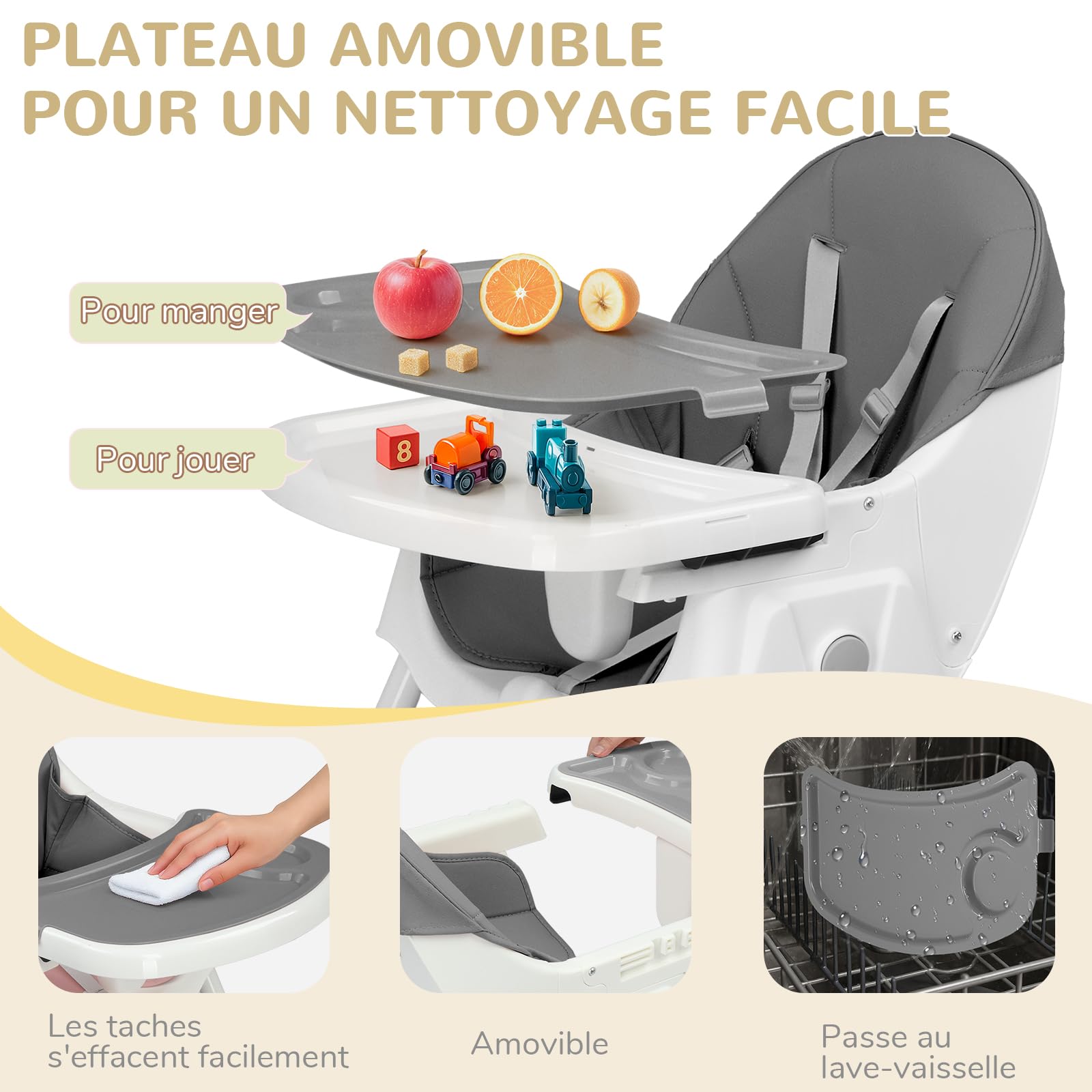 LEADZM 2 en 1 Chaise Haute Bébé Pliable, 3 Angles Réglables, Double Plateau Amovible, avec Roues Universelles et Panier de Rangement, Charge Maximale 15 kg, Bébés Âgés de 6 à 36 Mois (Gris)
