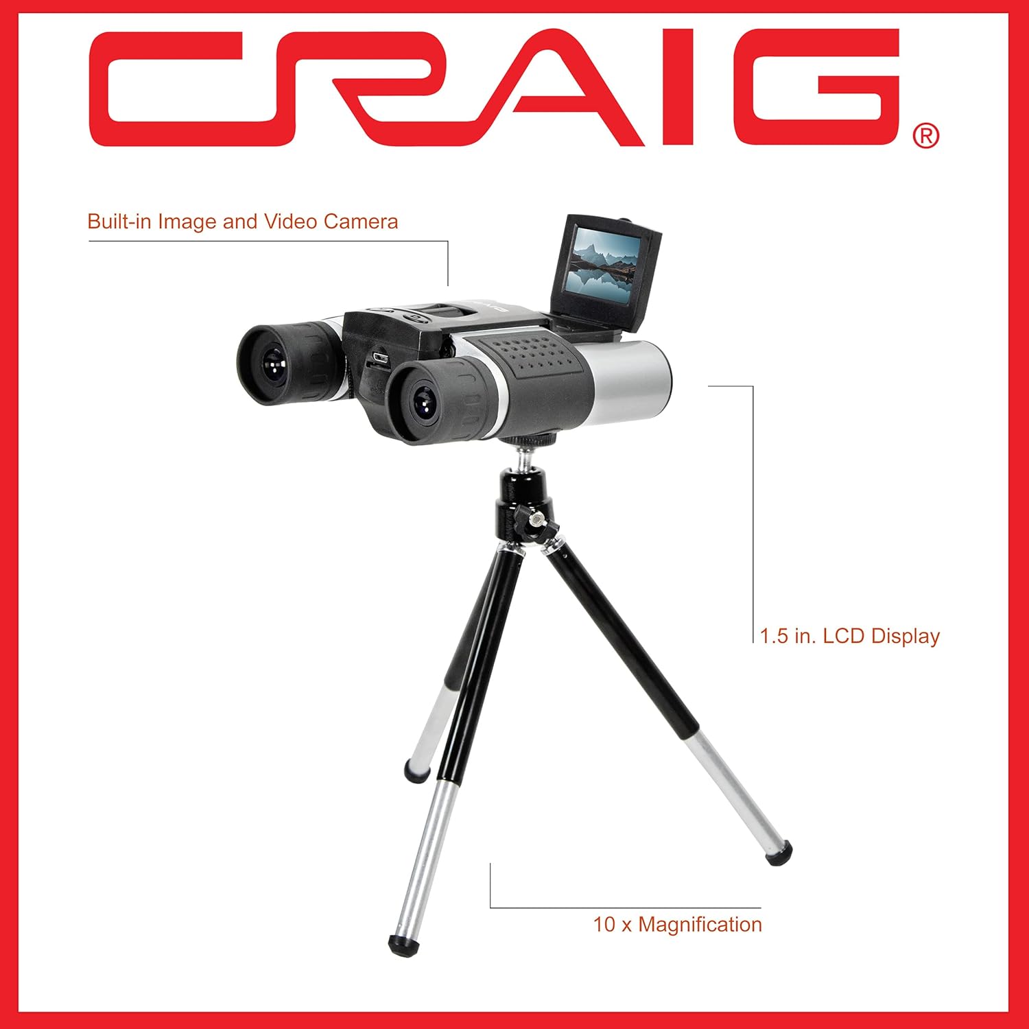 Side view of Craig CAC378 Binoculars mounted on a tripod, highlighting the 1.5-inch LCD display and 10x magnification.