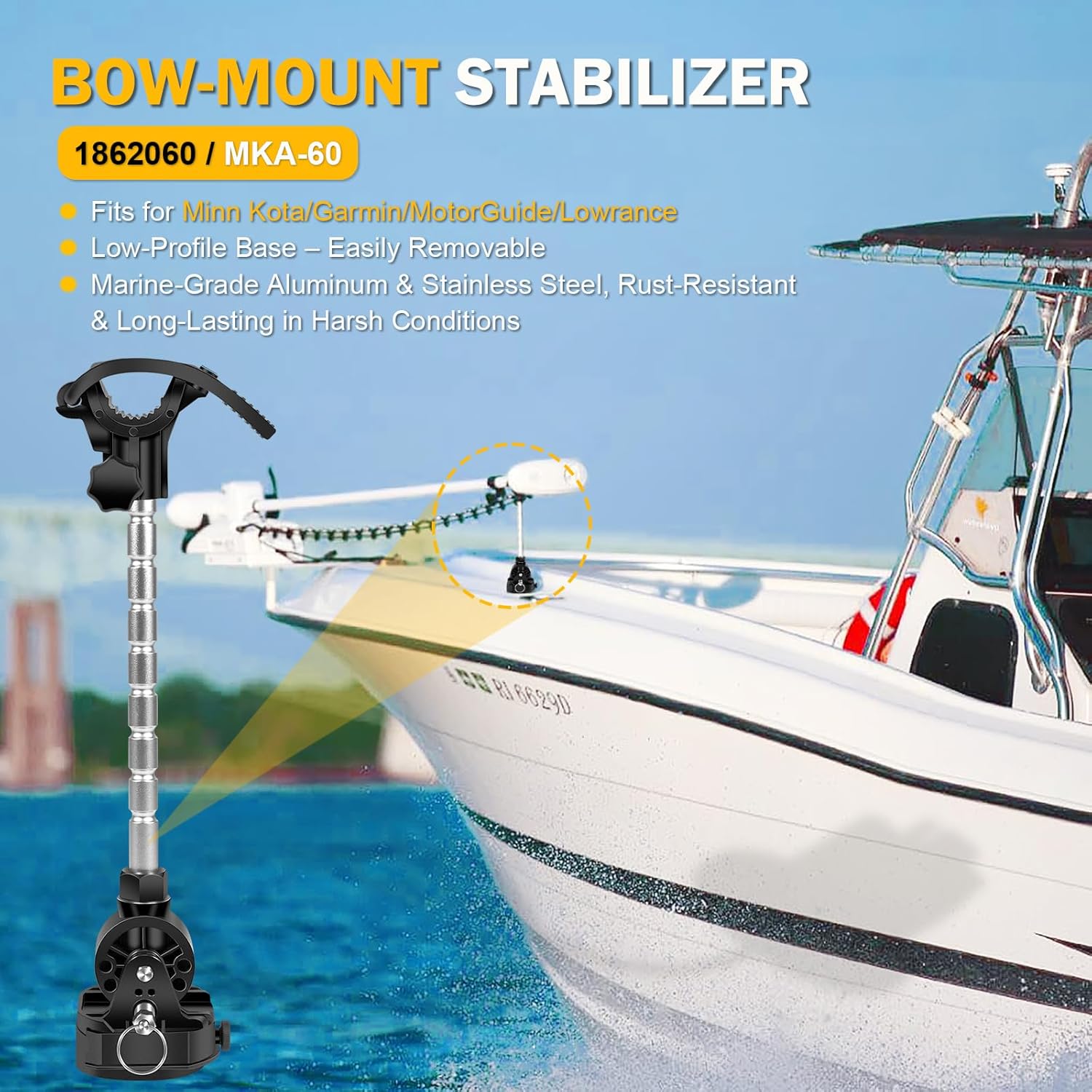 MKA-60 1862060 Trolling Motor Stabilizer Mount Compatible with Minn Kota Terrova Ulterra PowerDrive Riptide 1991-2023, Fold-Down Bracket with Adjustable Arm, Marine Grade Anti-Bounce Mount