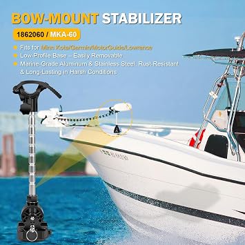 MKA-60 1862060 Trolling Motor Stabilizer Mount Compatible with Minn Kota Terrova Ulterra PowerDrive Riptide 1991-2023, Fold-Down Bracket with Adjustable Arm, Marine Grade Anti-Bounce Mount
