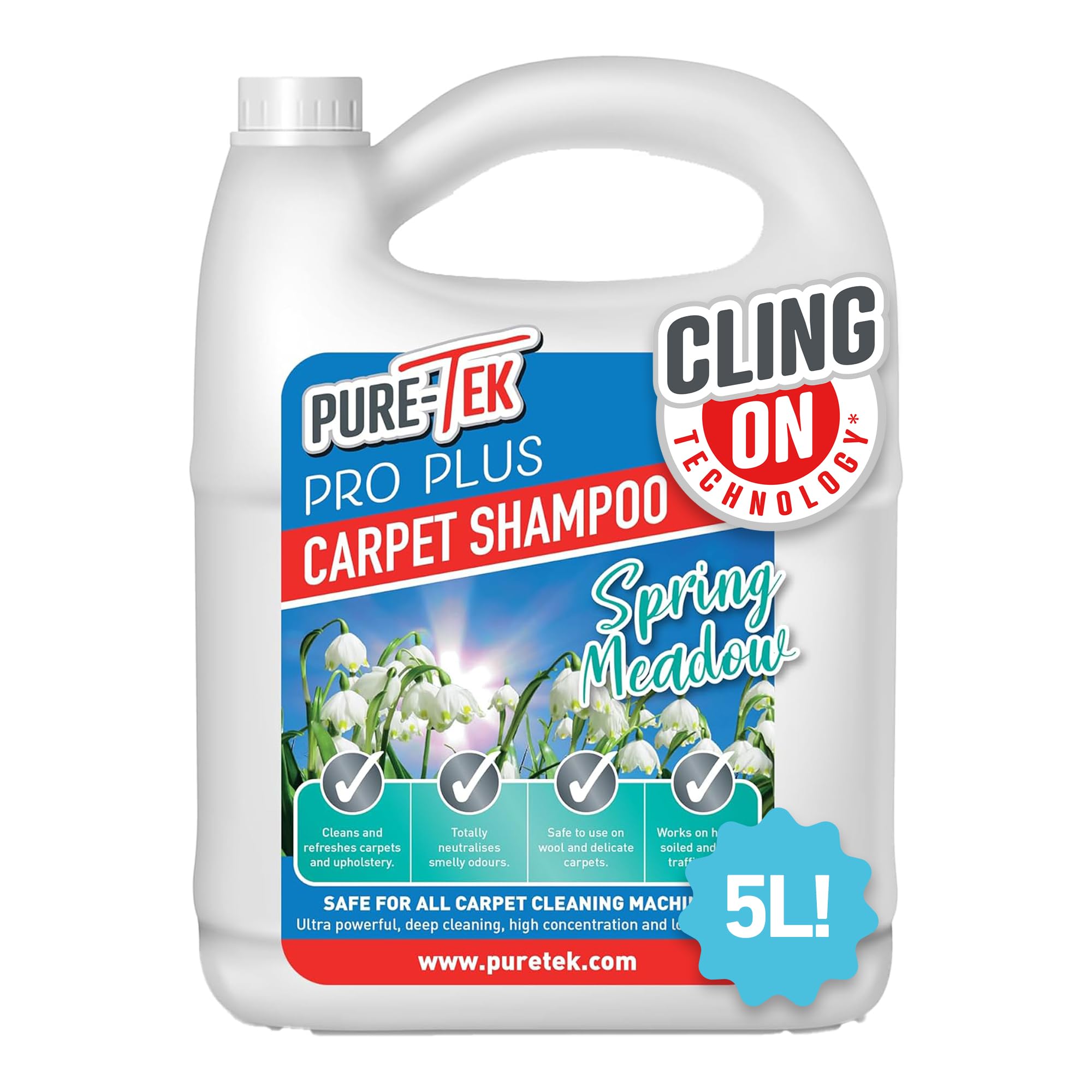 Pure Tek Carpet Cleaner Shampoo 5L - Carpet Cleaner Solution for Machines, Heavy Duty Stain Remover Liquid, Deep Cleaning Detergent to Neutralise Pet Odour & Urine Stains, Works with All Machines