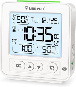 Geevon Small Digital Alarm Clock for Heavy Sleepers, Portable Travel Atomic Clock with Battery Powered, Compact Desk Table Clock with Auto Light Night, Dual Alarms, 8s Backlight for Bedroom, White