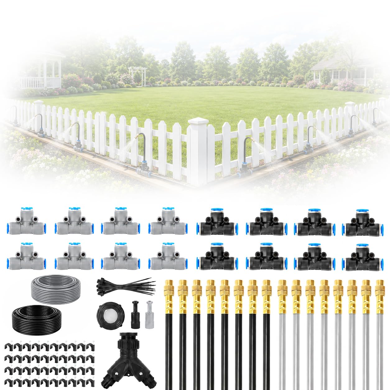 100FT Garden Misting & Drip Irrigation Kit, Automatic Watering System with 16 PE Tubes, 6mm Hose and 360° Adjustable Misters for Raised Beds, Greenhouse, Lawn, Patio & Plant Cooling.