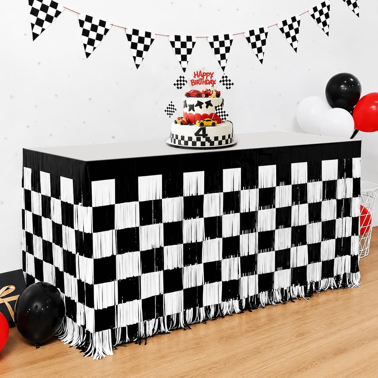 2PCS Race Car Checkered Metallic Foil Table Skirt (29.5" x 108") – Black & White Tinsel Streamers for Racing Birthday Party Desk Skirt, Rectangle or Round Table Fringe, Two Fast/Rookie Year Theme