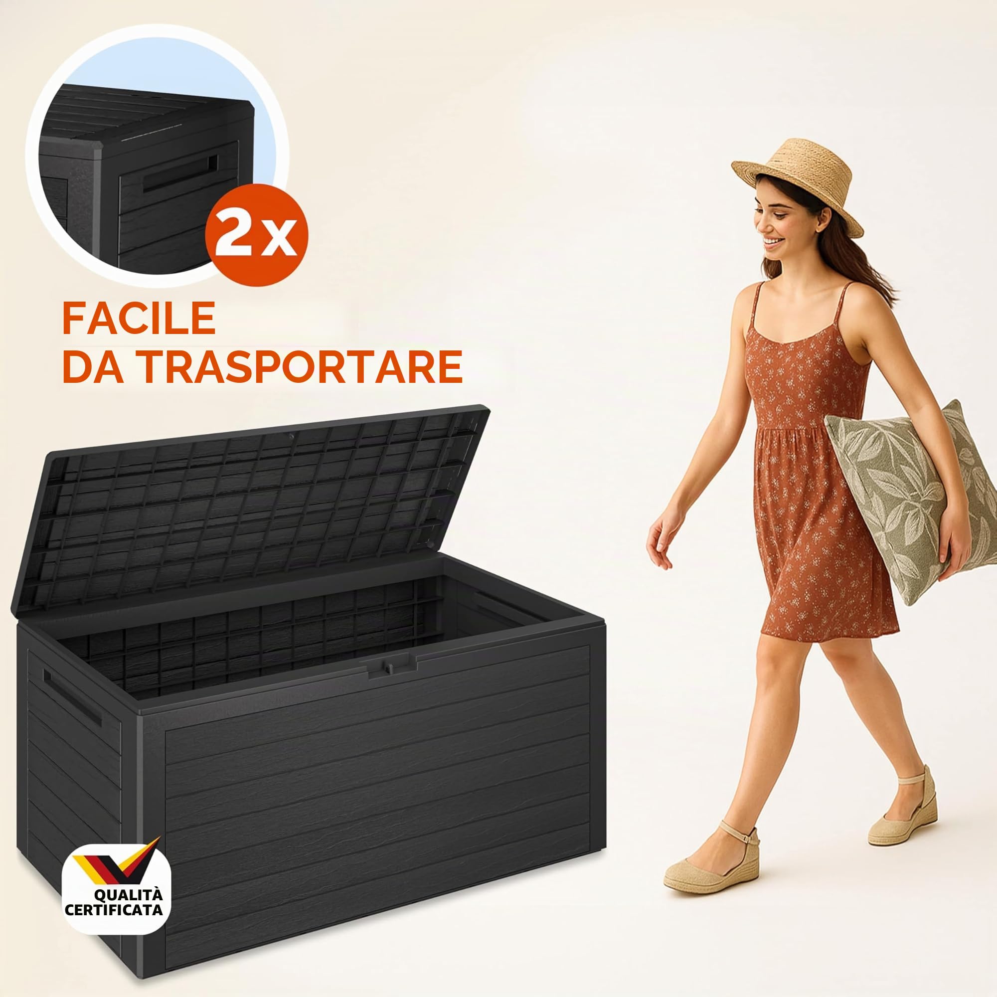 Casaria® Baule da Giardino XXL 280 L Cassapanca Richiudibile 2 Maniglie 116x43x55cm Box Esterno Contenitore Effetto Legno