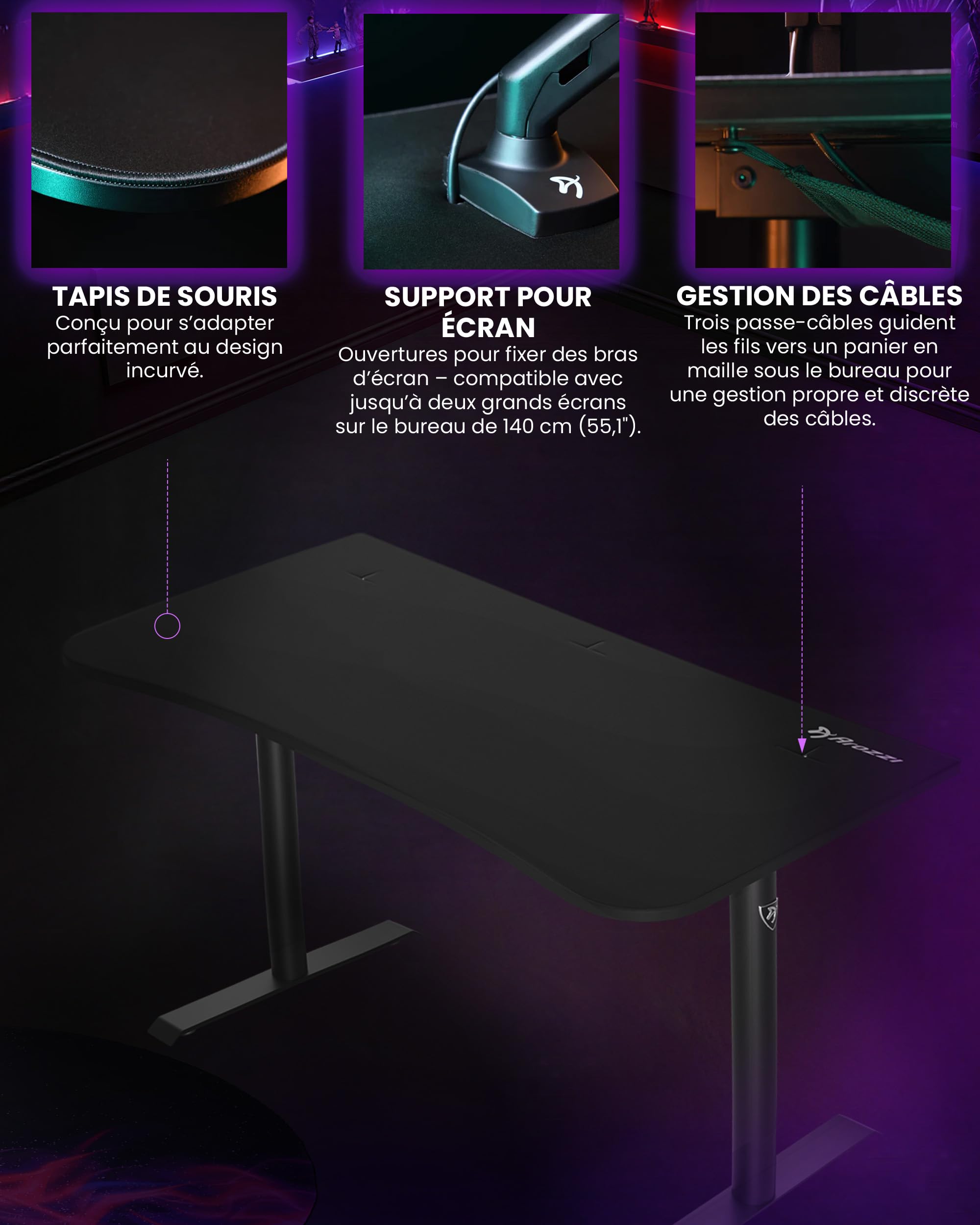 Bureau Gamer Arozzi Arena Medium - 140x76 cm - Bureau Gaming avec Cadre Acier, Rangement pour Câbles et Support Double Écran - Tapis de Souris Lavable Intégral - Noir Intense