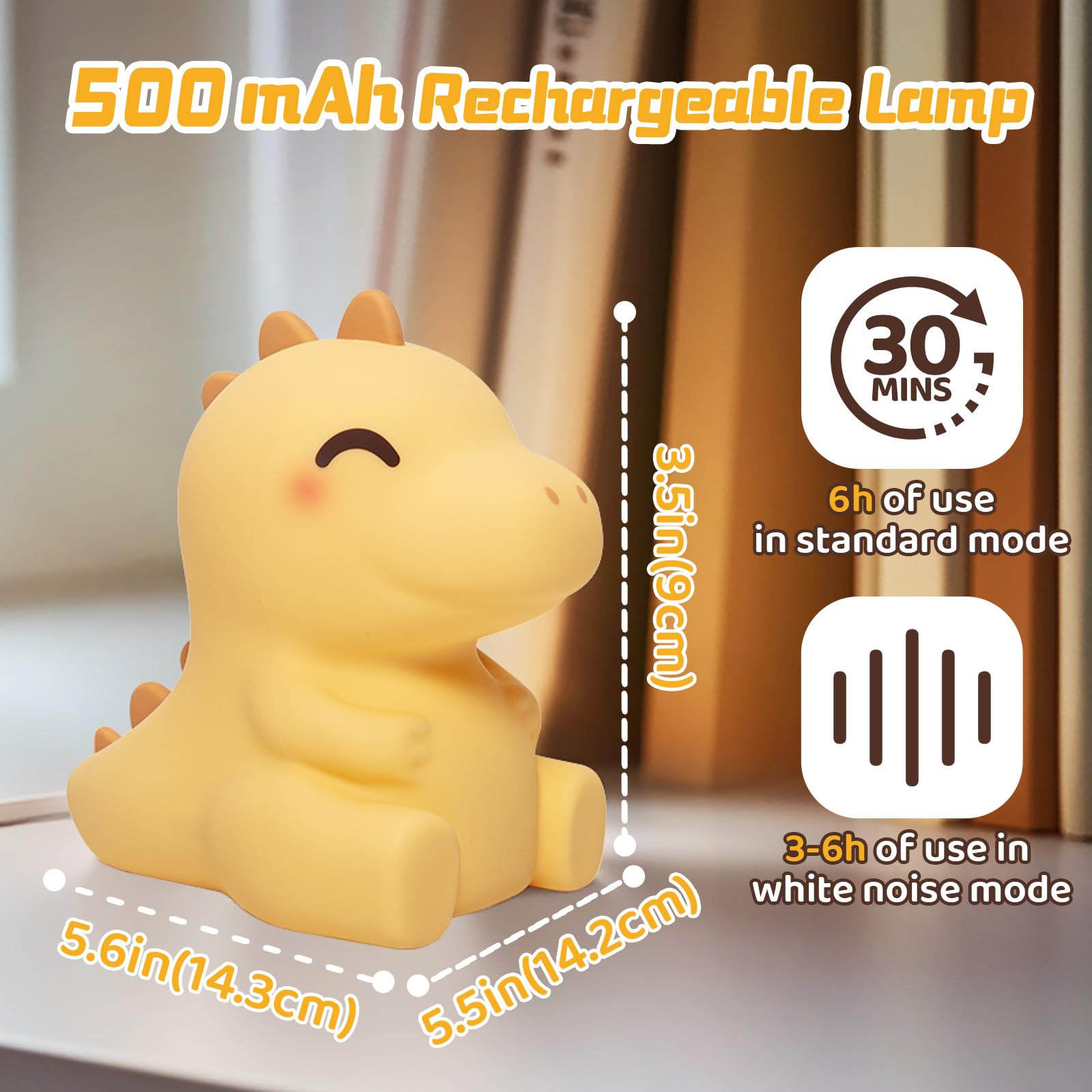 Mewaii Dino Nachtlicht Kinder, Silikon Dino Lampe mit 3 Helligkeitsstufen und 4 Weißrauschen, Wiederaufladbar und mit Langer Akkulaufzeit, Dinosaurier Geschenk Nachtlicht für Babyzimmer & Geschenke