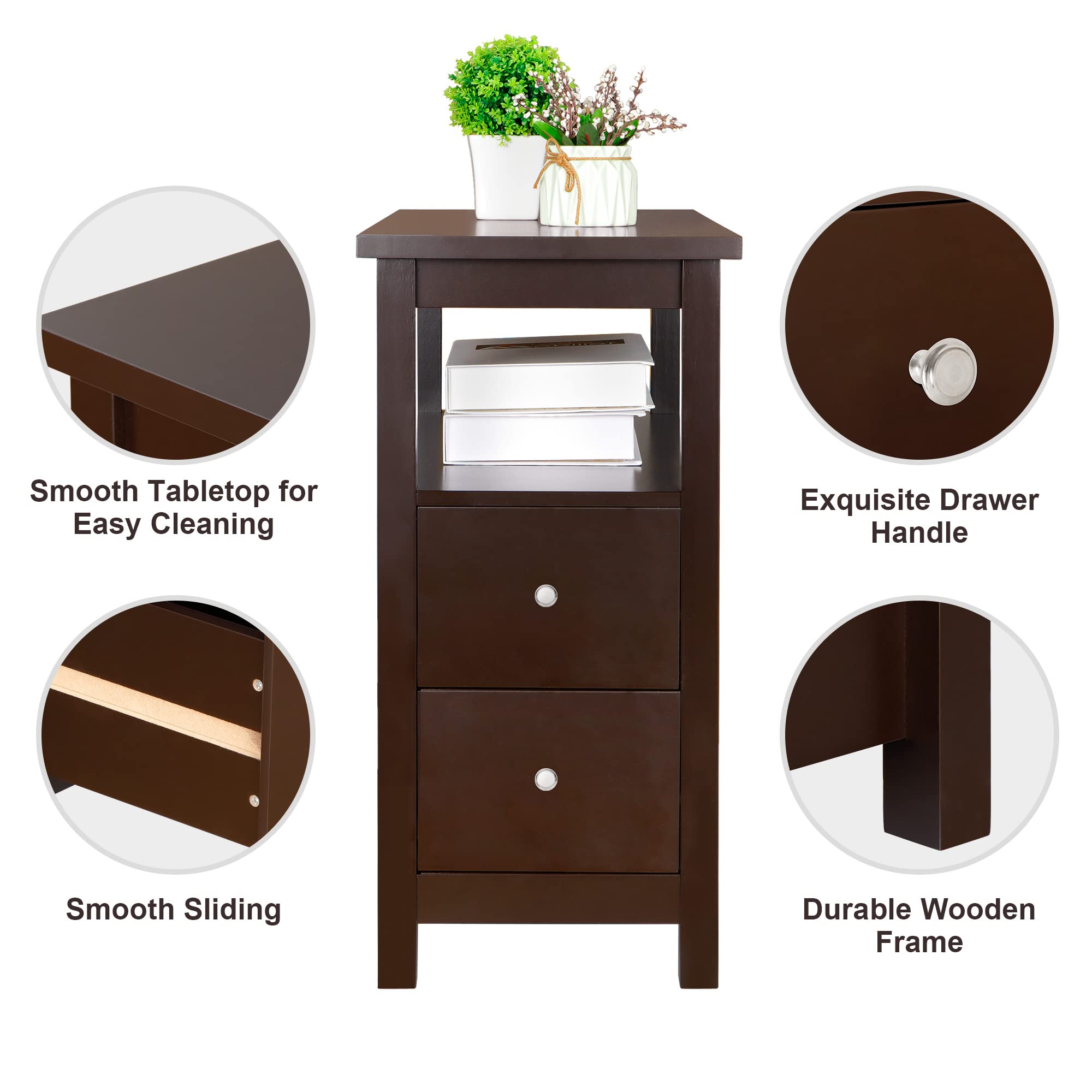 SUPER DEAL End Table with Drawers 3 Tier Narrow Side Table Wood Sofa Table for Living Room Bedroom Office Small Spaces, 23.6 x 24 inch Espresso