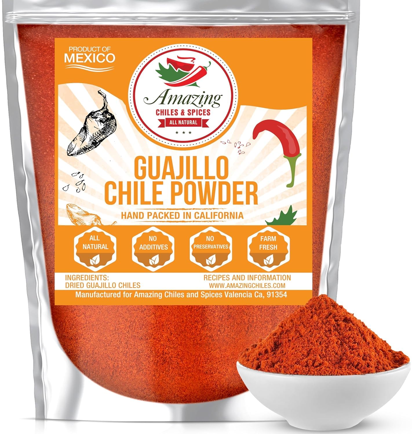 Guajillo Chile Powder Ground (8oz) – Natural and Premium. Great For Chili, Sauces, Stews, Salsa, Meat Rubs, Enchiladas, Mole and Tamales. Tangy Spicy-Sweet Flavor By Amazing Chiles and Spices
