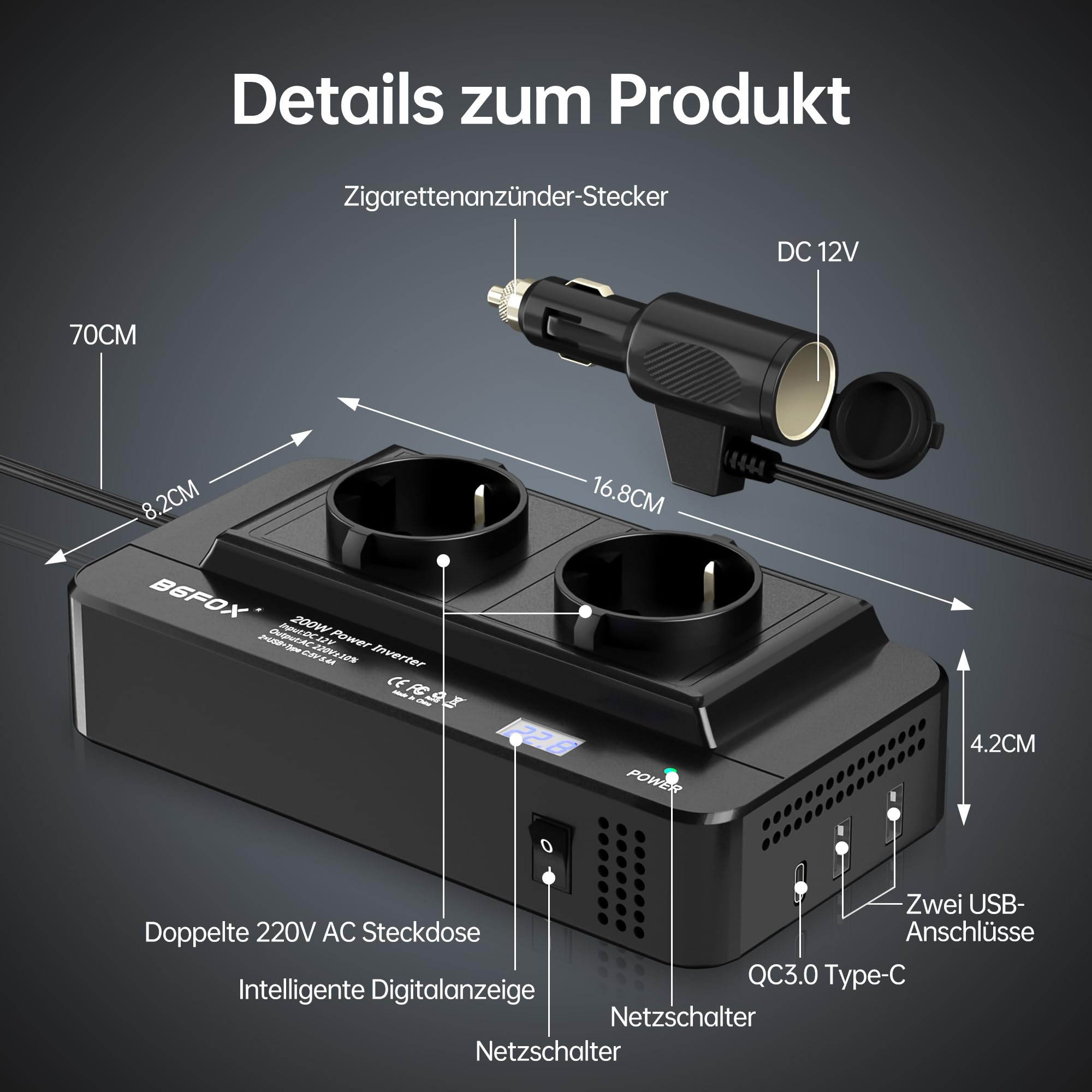 200W Wechselrichter 12V auf 230V Auto Spannungswandler, Stromwandler mit 2 Auto Steckdose/Type-C & 2 USB Anschlüsse und Zigarettenanzünder Verteiler für Handys, für Laptop, iPad, DashCam