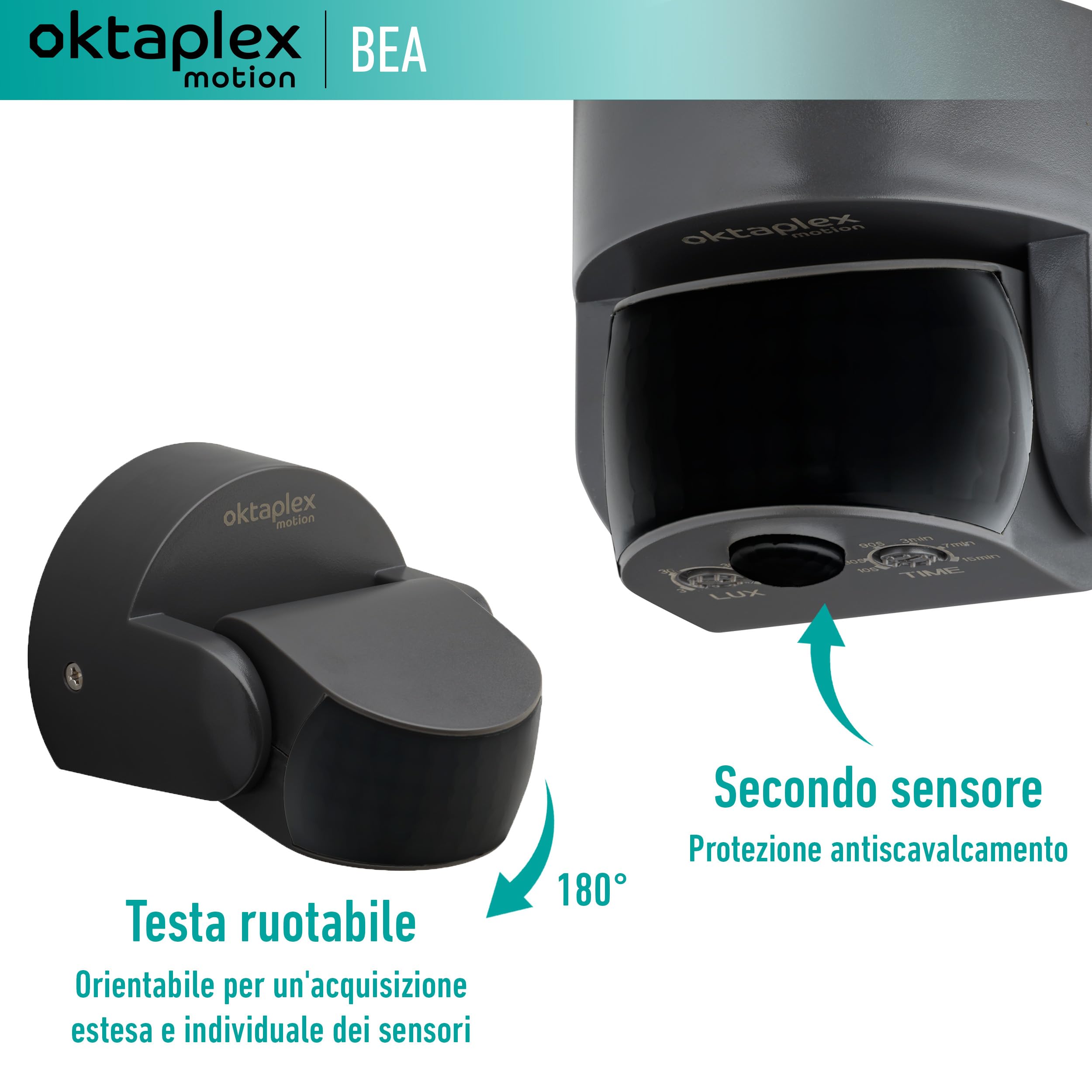 Sensore Movimento Esterno OKTAPLEX 230V IP65 - PIR 240°, Portata 10m, Regolabile, Con Staffa Angolare - Foto 3