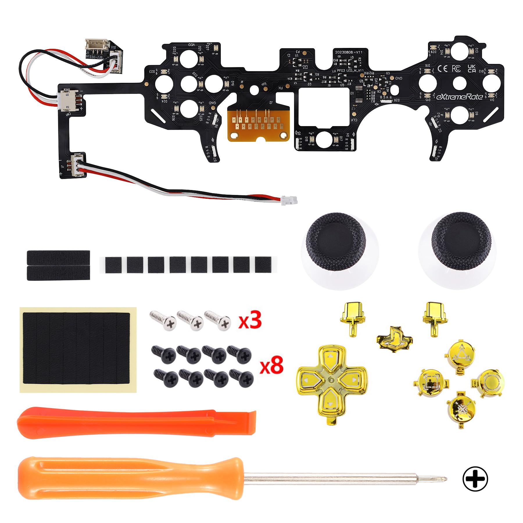 eXtremeRate Multi-Kleuren Knoppen Verlichte voor ps5 Controller BDM-030, D-pad Thumbstick Knoppen 7 Kleuren 9 Modi Klassieke DTF V3 LED Vervanging Kit voor ps5 Controller - Chroom Goud