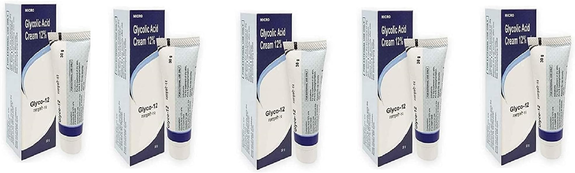 Glyco Acid 12% W/w Skin Peel Cream for All Skin types Treatment For Face Anti-Aging Wrinkles & Dark Spots -1.01 Floz (Glyco Acid 12% W/w Cream Pack of 5) 30gram each