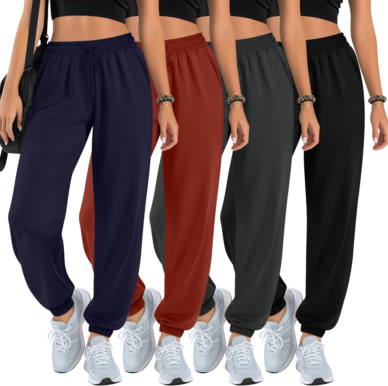 4 Pack Women's Lounge Joggers High Waisted Sweatpants with Pockets Comfy Drawstring Casual Workout Yoga Pants