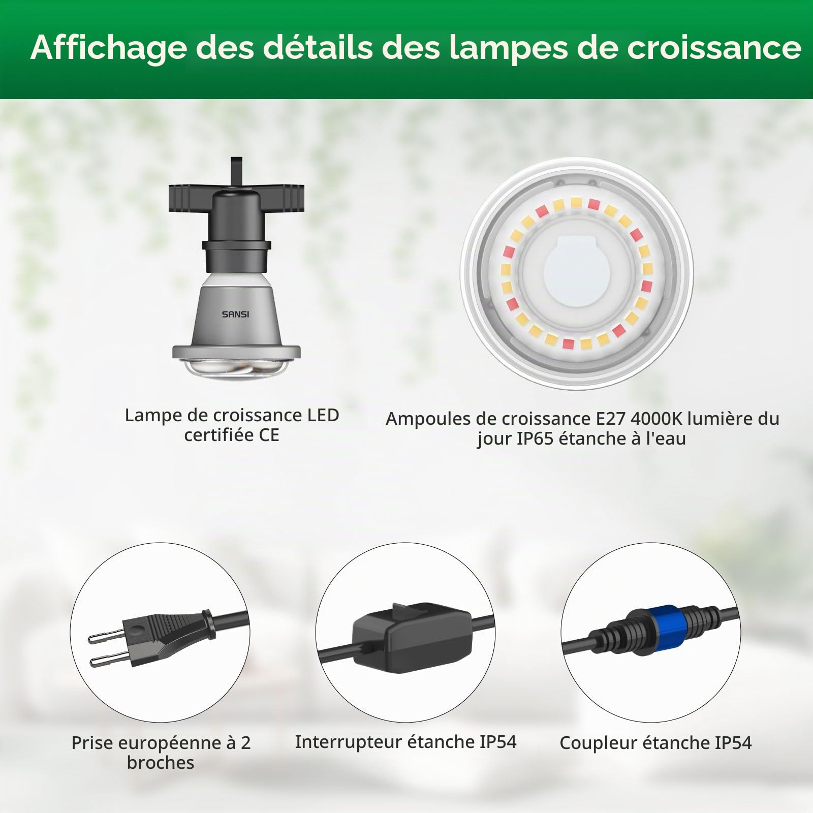 SANSI Lampe Croissance LED Spectre Complet 6 Ampoules E27 12W 6.7 Mètres | Guirlande de Culture Plantes Intérieures, Pour Germination Croissance Floraison, IP54 Étanche