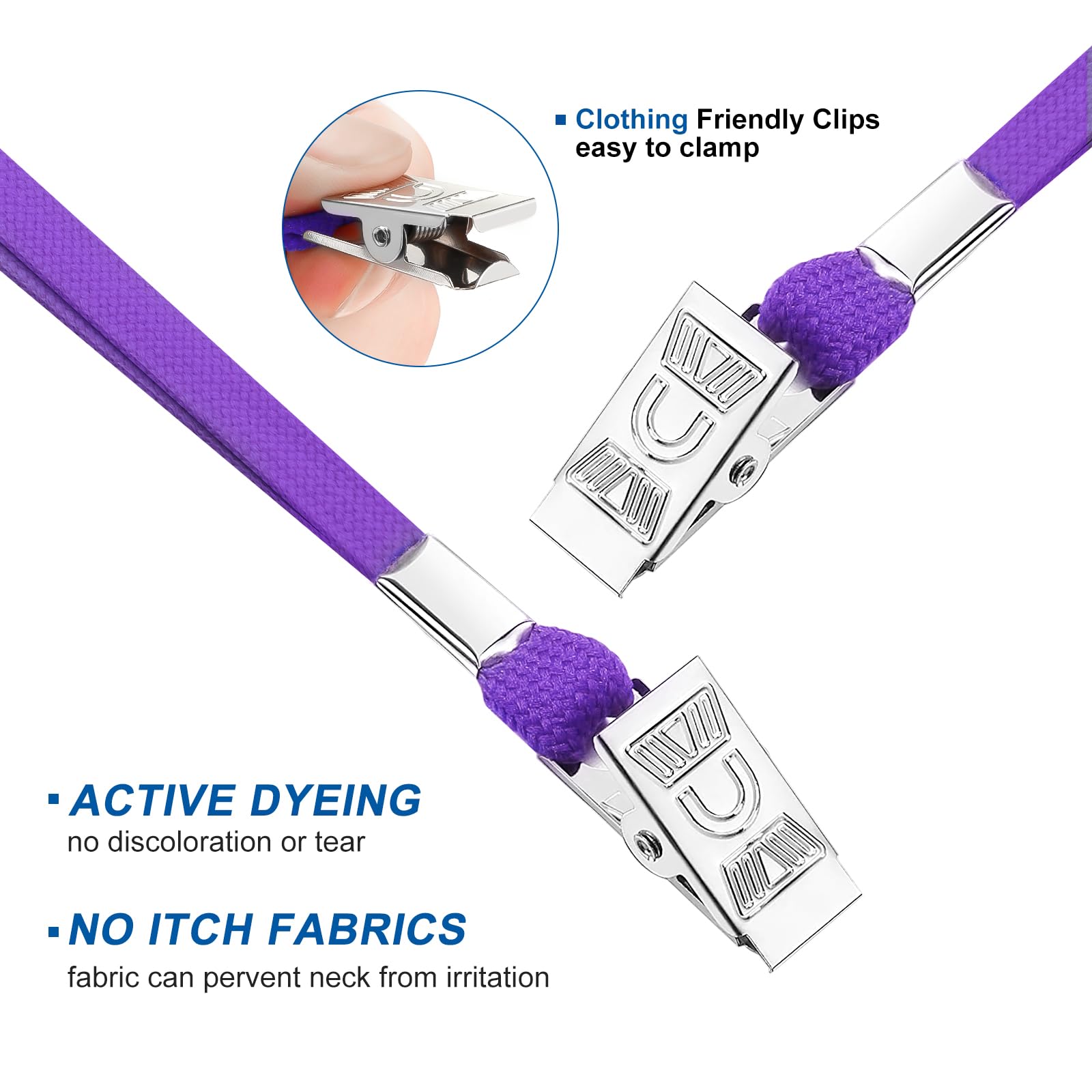 Lot de 100 cordons pour badges d'identité et 100 porte-badges d'identification horizontaux en plastique transparent, tour de cou plat avec clip étanche et refermable pour porte-nom (violet)