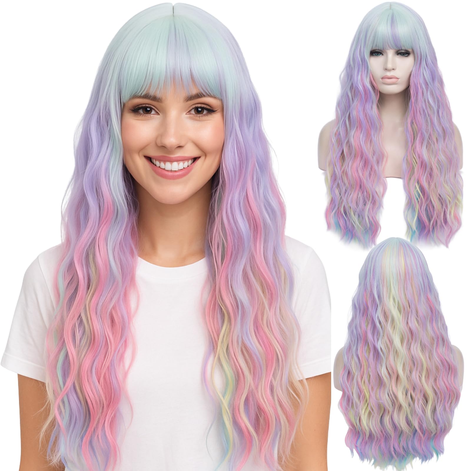 Colorful Rainbow Wigs with Bangs for Women Pastel Long Wavy Curly Colored Purple Goth Hair Wig for Music Festival, Themed Parties, Halloween, Wedding
