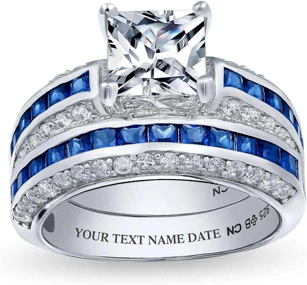 Personalize 3CT Art Deco Style Blue Square Princess Cut Solitaire Clear AAA CZ Engagement Anniversary Wedding Ring Set For Women Rose Gold Plated .925 Sterling Silver Customizable