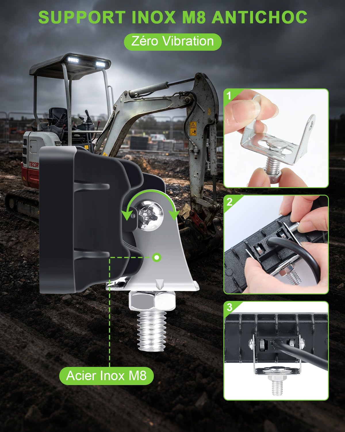 2 Pièces Phare de Travail LED 14,5 cm, 12V/24V 25W 3200LM, Faisceau Large | Étanche IP65, Support Inox M8, Boîtier Aluminium, Feu de Recul, Tracteur Fourgon 4x4