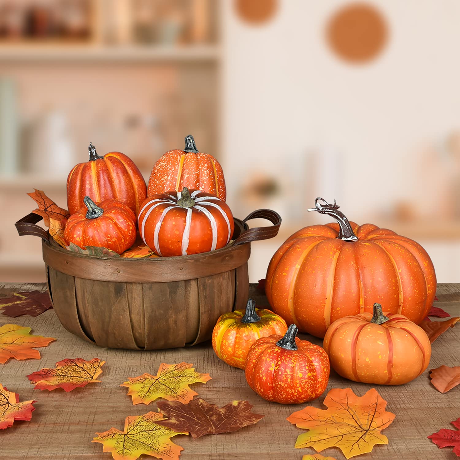 DearHouse 8Pcs Thanksgiving Artificial Pumpkins Home Decoration Sets and 50PCS Maple Leaves, Artificial Vegetables Pumpkins for Fall Harvest Decoration