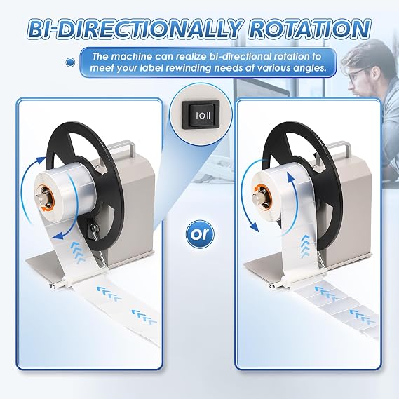 Automatic Label Rewinder, Speed-Adjustable Sticker Rewinder, Bidirectional Label Rewinding Machine, Synchronized with Printer, 1/1.5/3 Core Holder, Width 3.54