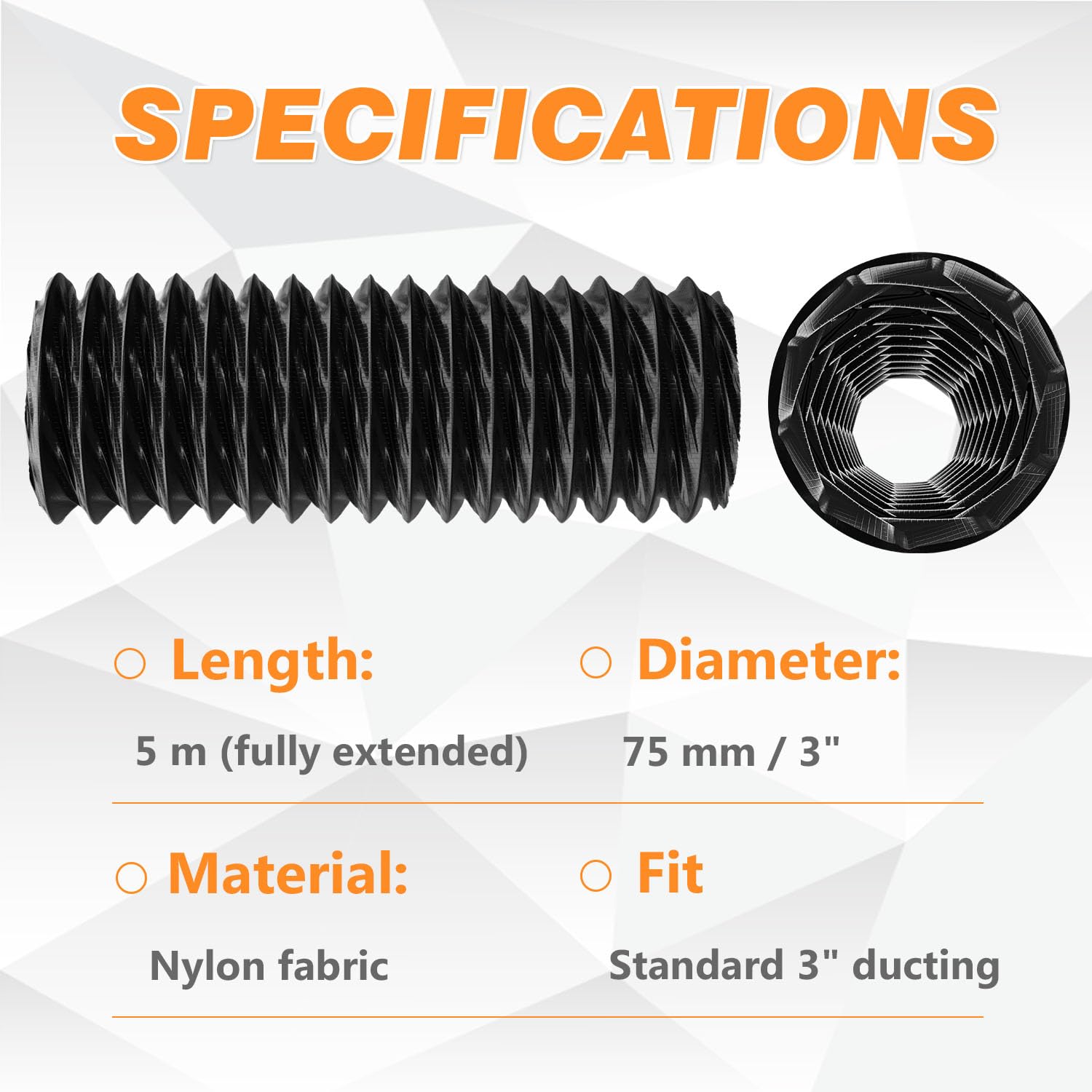 Gaine d’Aération Ø75 mm 5 m Noir – Tuyau Flexible Renforcé en Nylon, Insonorisé & Isolé, Haute Résistance 120°C pour Ventilation, Sèche-linge, Cuisine - 3