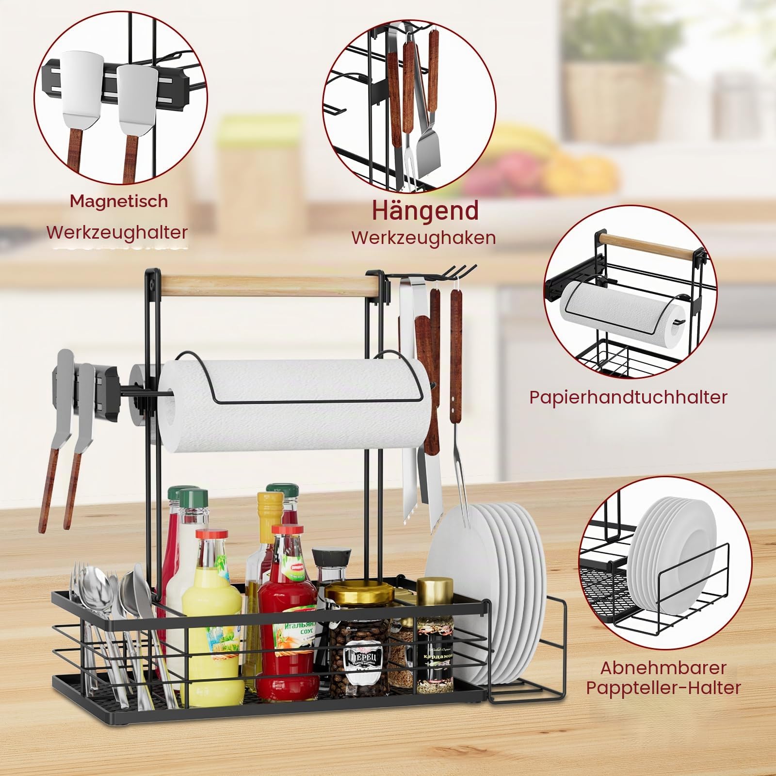 Grill Caddy, BBQ Caddy mit magnetischen Werkzeug- und Papierhandtuchhaltern, Picknick-Utensilien- und Gewürzhalter, Grillwerkzeug-Organizer für Camping, Kochen, Camper
