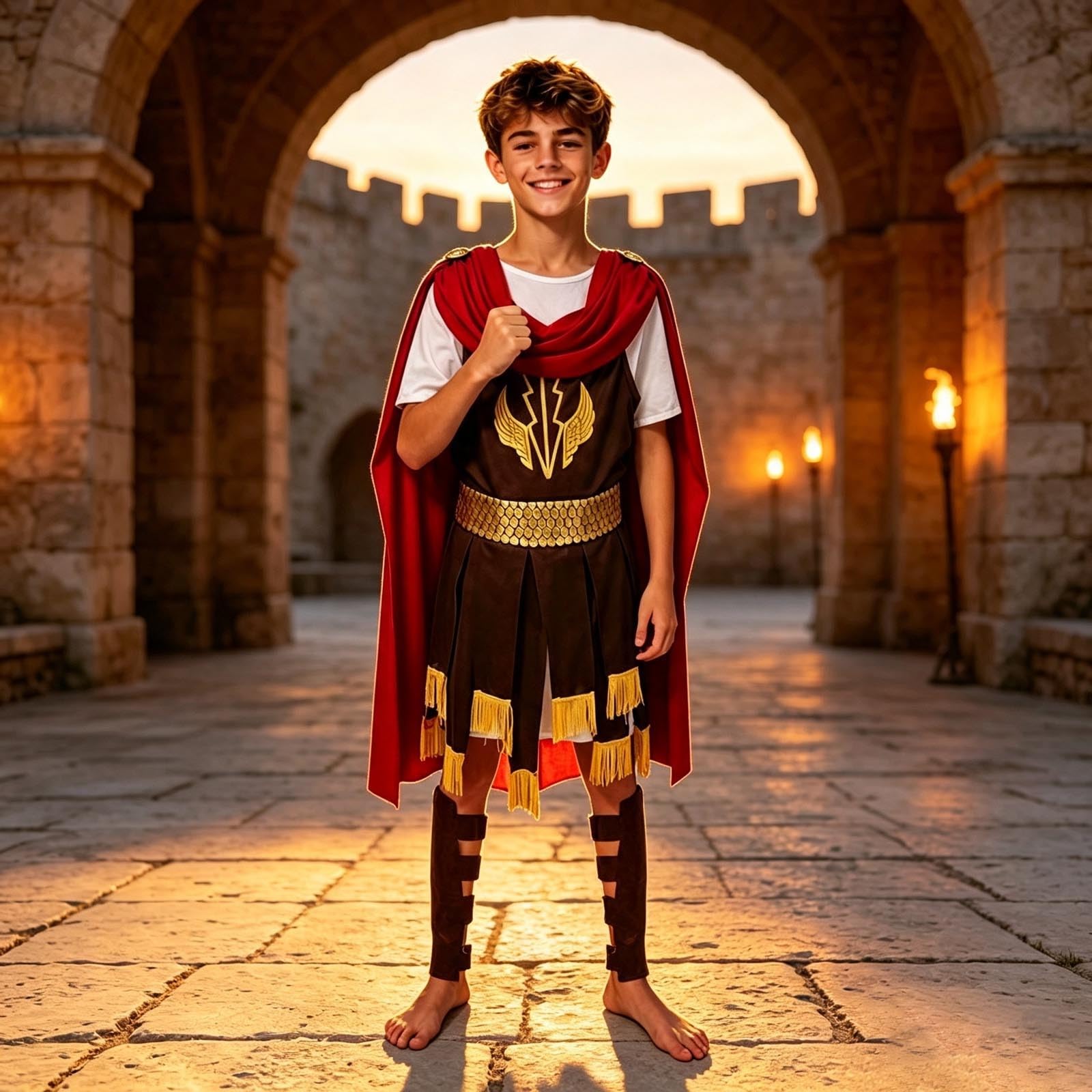 Abito antico per cosplay storico, per spettacoli scolastici, giochi di ruolo, con cintura a tunica ricca di dettagli, perfetta per feste a tema, spettacoli teatrali (marrone, 7-10 anni)
