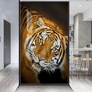 Yellow Brown Frosted Leaf Decorative Window Films Large Bengal Cat Double Exposure Tiger Window Film Privacy Frosted Stained Glass Tiger 17.7Wx23.6L-inch