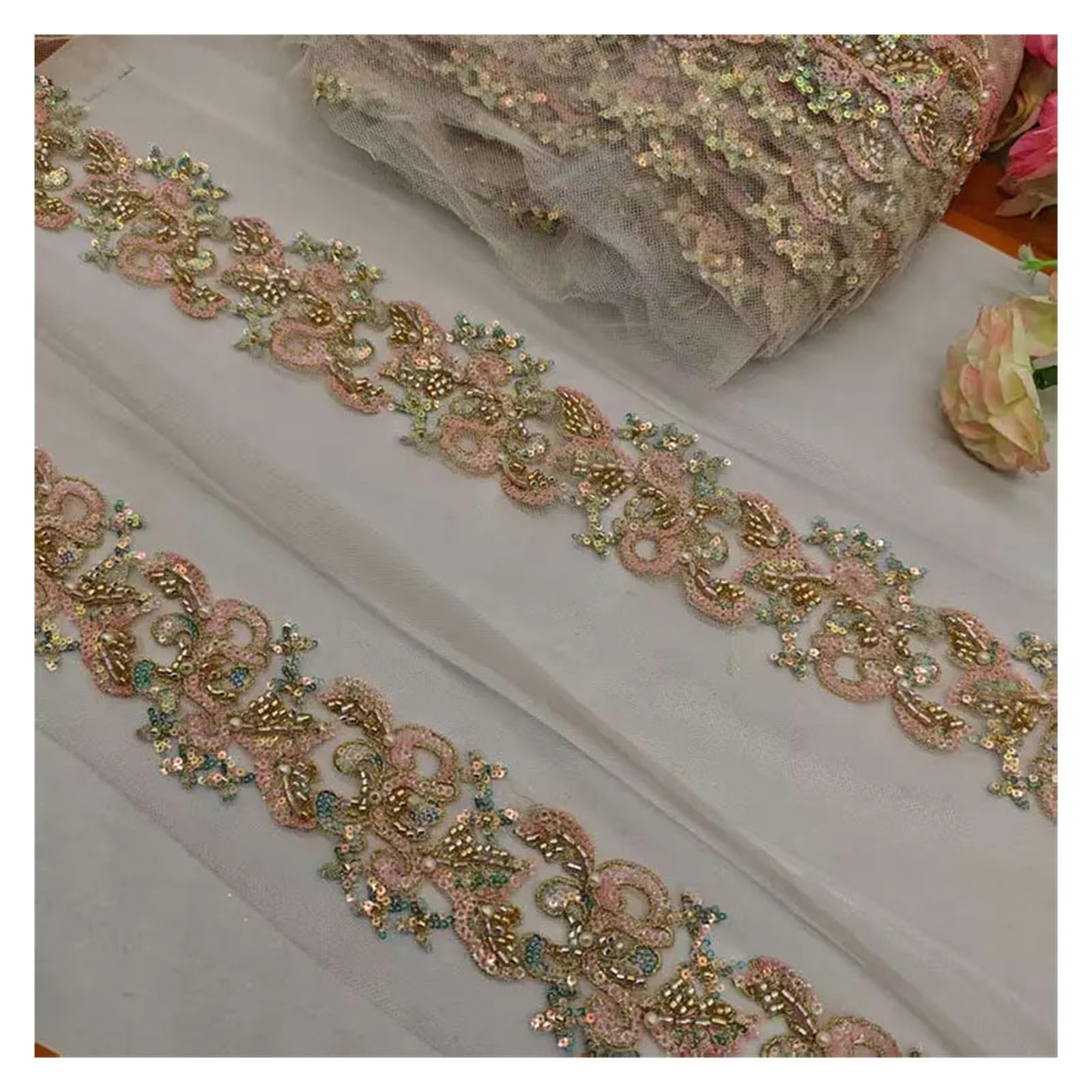 Puntilla De Encaje Con Strass En Forma De Flor Adorno de cinta encaje con cuentas 1 yarda