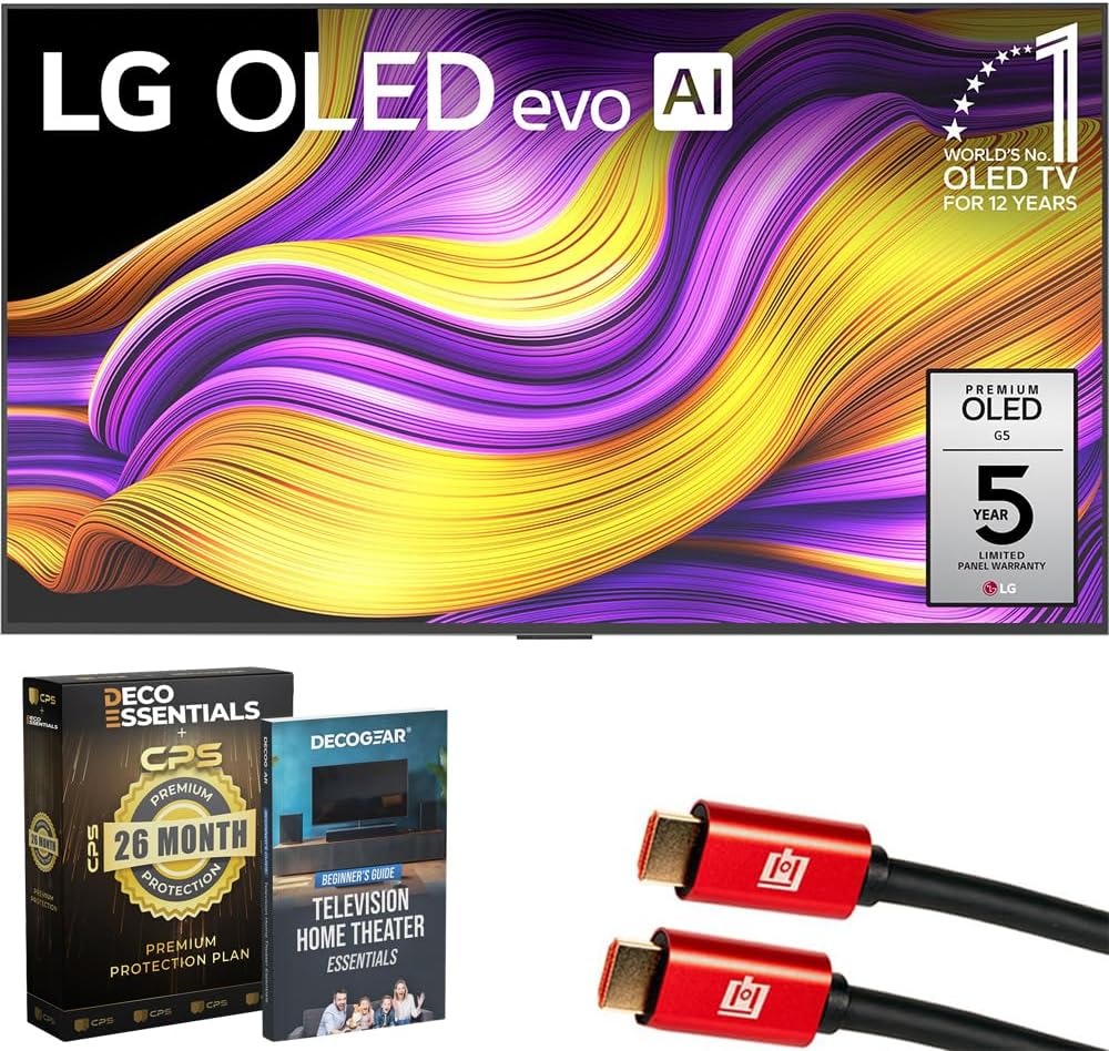 LG 55 Inch G5 Series OLED evo 4K UHD Smart webOS TV with One Wall Design (2025) OLED55G5WUA Bundle with 26 Month CPS Protection Pack, 2X 6FT HDMI Cable and Deco Gear Home Theater Beginner's Guide