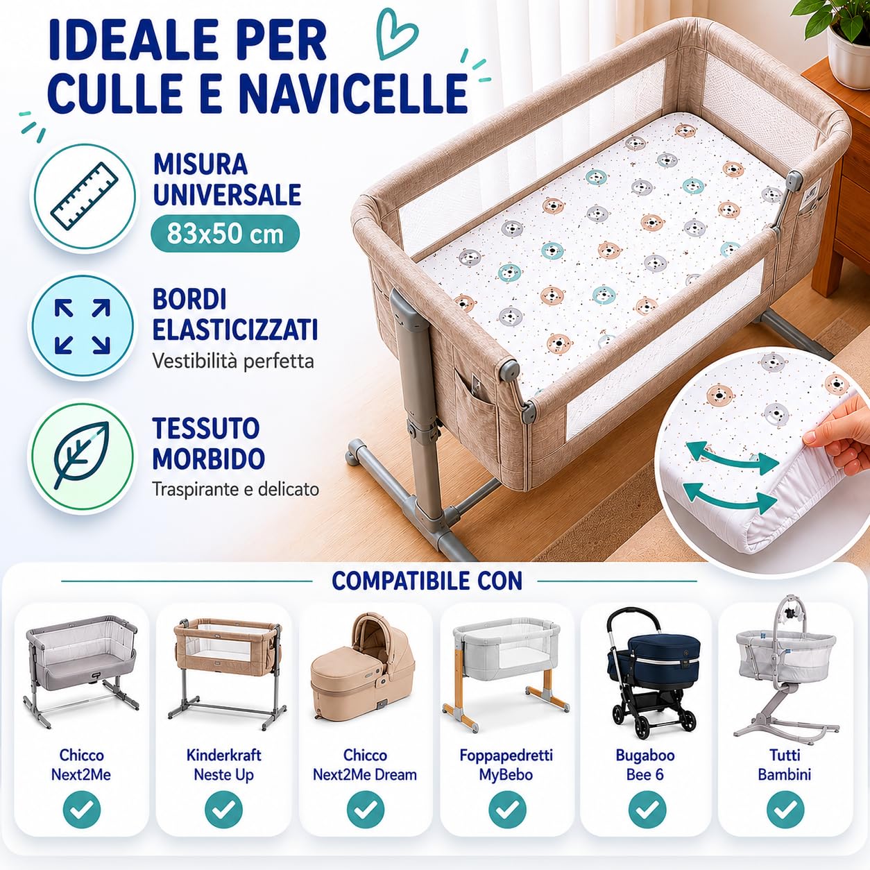 FlyIdeas Set 2 Lenzuola per Next to Me 50x83 cm 100% Cotone Coprimaterasso Impermeabile Made in Italy