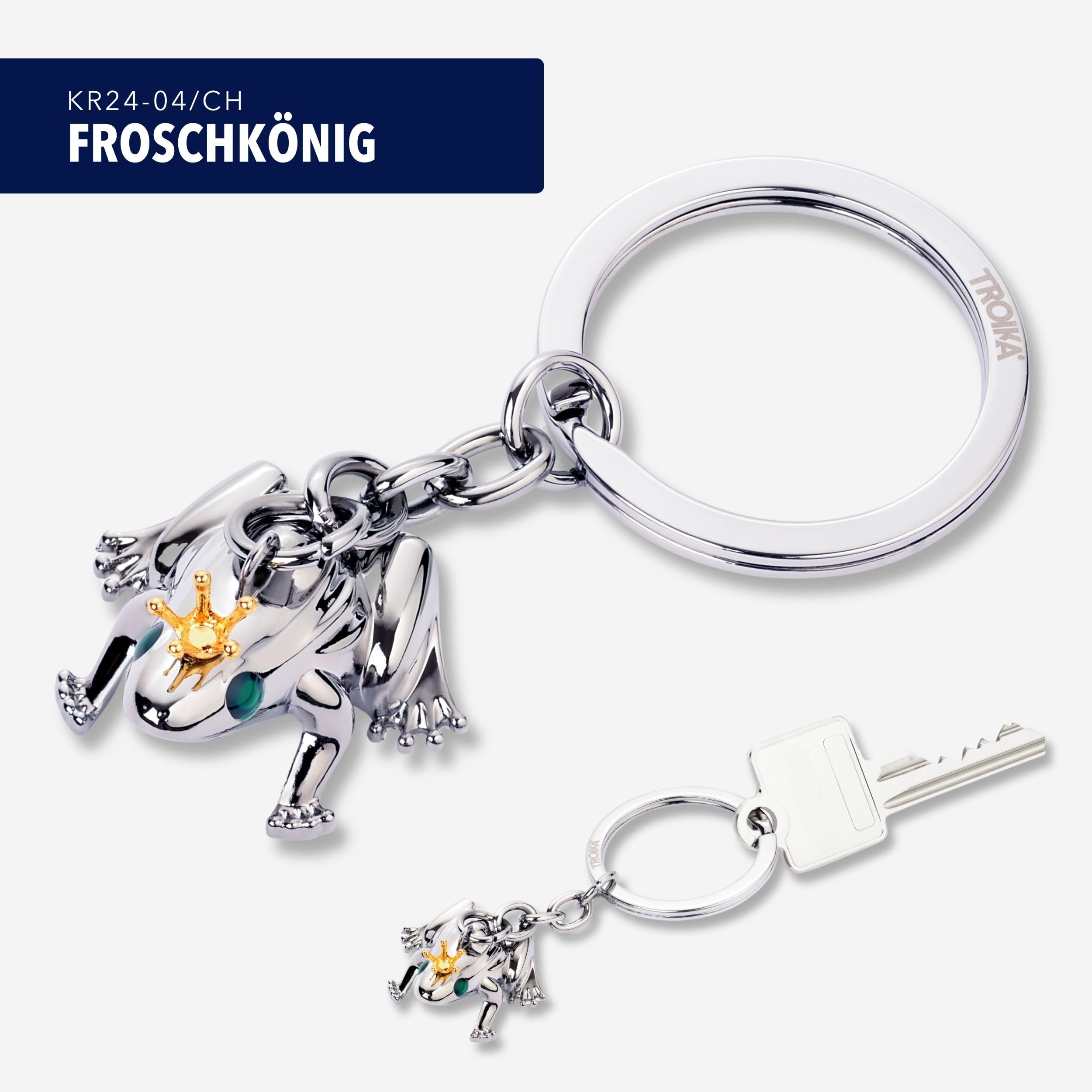 TROIKA Breloczek do kluczy z żabą z koroną – FROSCHKÖNIG – odlew metalowy – chromowany – srebrny, złoty, zielony – oryginalny, srebrny, 7,8 x 3,5 x 2 cm