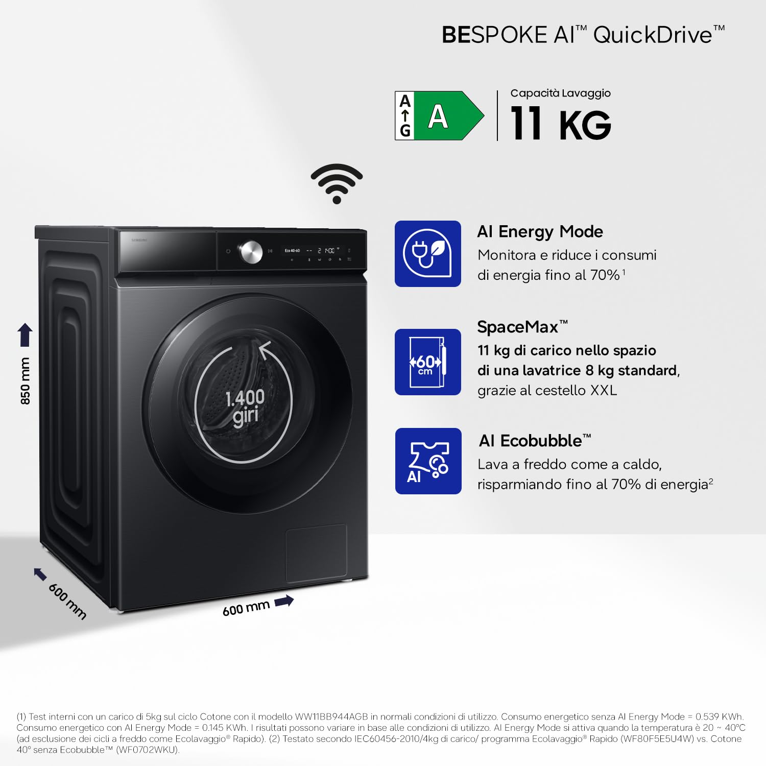 Samsung Lavatrice Bespoke AI Quickdrive WW11DB8B95GB/U3, Libera installazione, 11 Kg, 1400 RPM, Wi-Fi, AI Control, Vapore, Carica Frontale, 60l x 85h x 60p cm