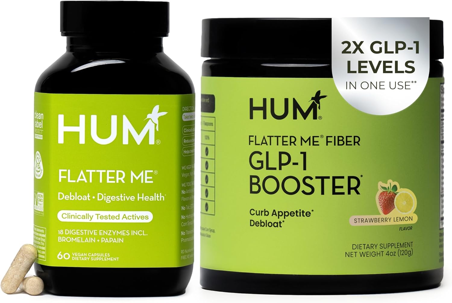 HUM Flatter Me Extra Strength Digestive Enzymes Flatter Me Fiber Supplement