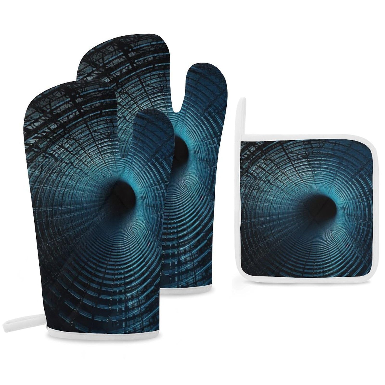 Oven Mitts And Pot Holders Sets of 3 Heat Resistant BBQ Gloves Dark Tunnel Oven Mitts Gloves Non-Slip Kitchen Mittens Potholders for Cooking Baking Grilling BBQ Microwave